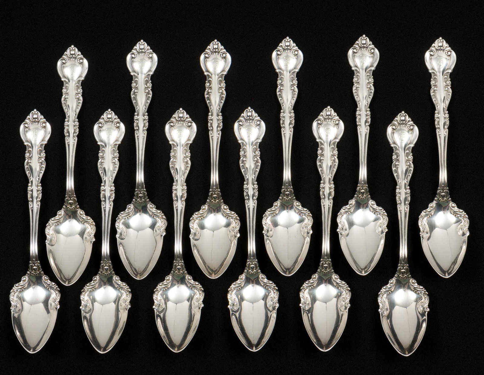 12 pcs Simpson Hall, Miller & Co "Winchester" Sterling Teaspoons: Pattern: Winchester. 8.2 ozt LM IMPORTANT: Before bidding, please read the terms and conditions. When you registered for the auction you agreed to these terms and will be required to comply with them.