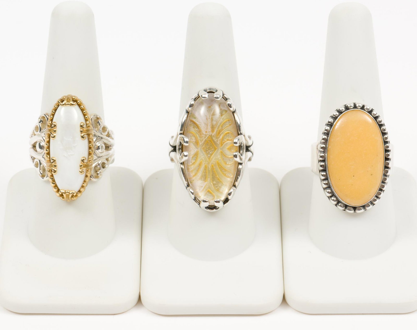 3 Sterling Carolyn Pollack Rings: Includes Jasper and Mother of Pearl, sizes 8-9. LM IMPORTANT: Before bidding, please read the terms and conditions. When you registered for the auction you agreed to these terms and will be required t