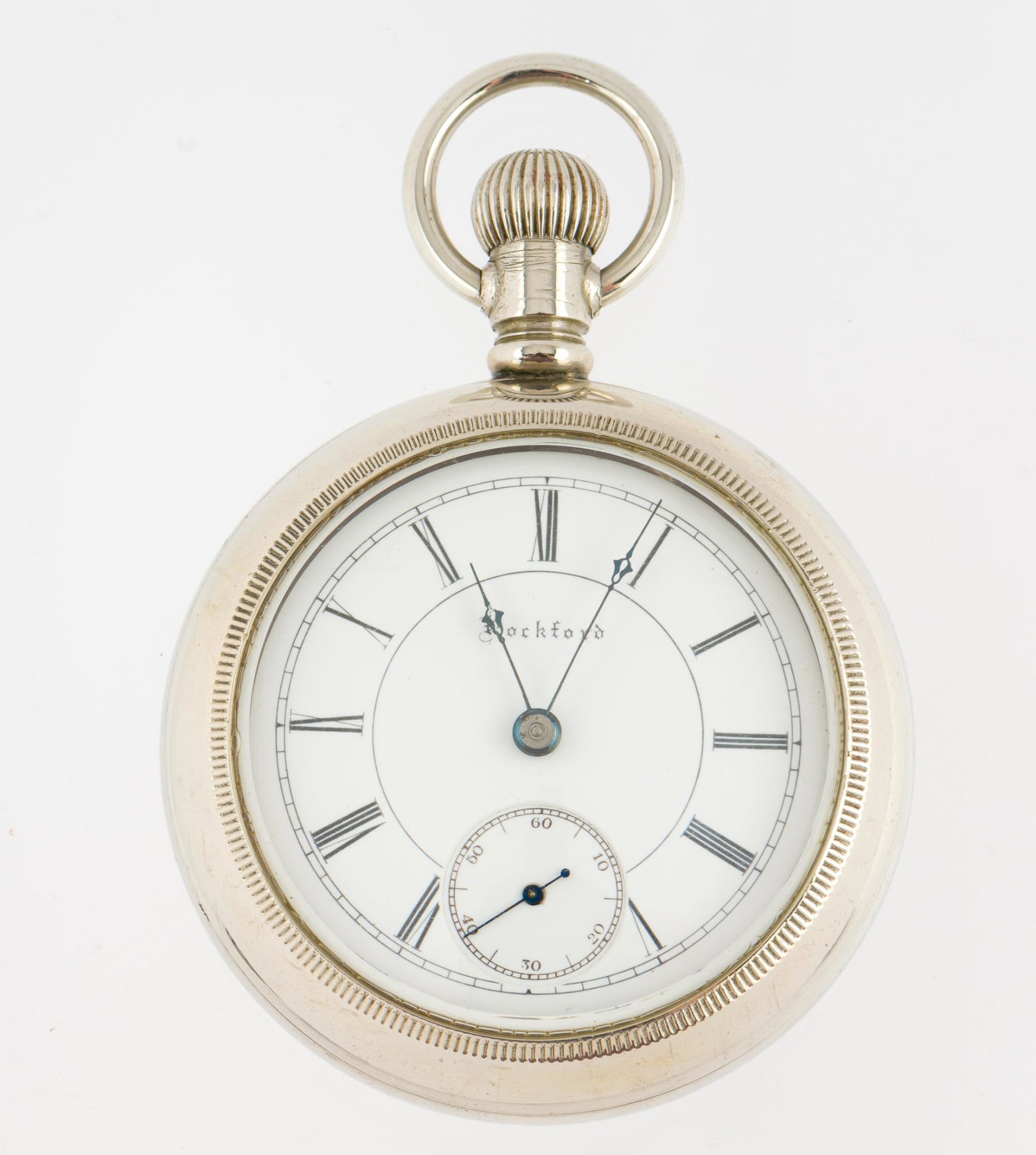 Rockford Open Face Pocket Watch: Size 21, crystal display back. Dial marked Rockford with Roman numerals and sunk second hand. Stem wind, lever set. Movement marked R. W. Co. Rockford, ILL. No. 310881. LM IMPORTANT: Before bidding, p