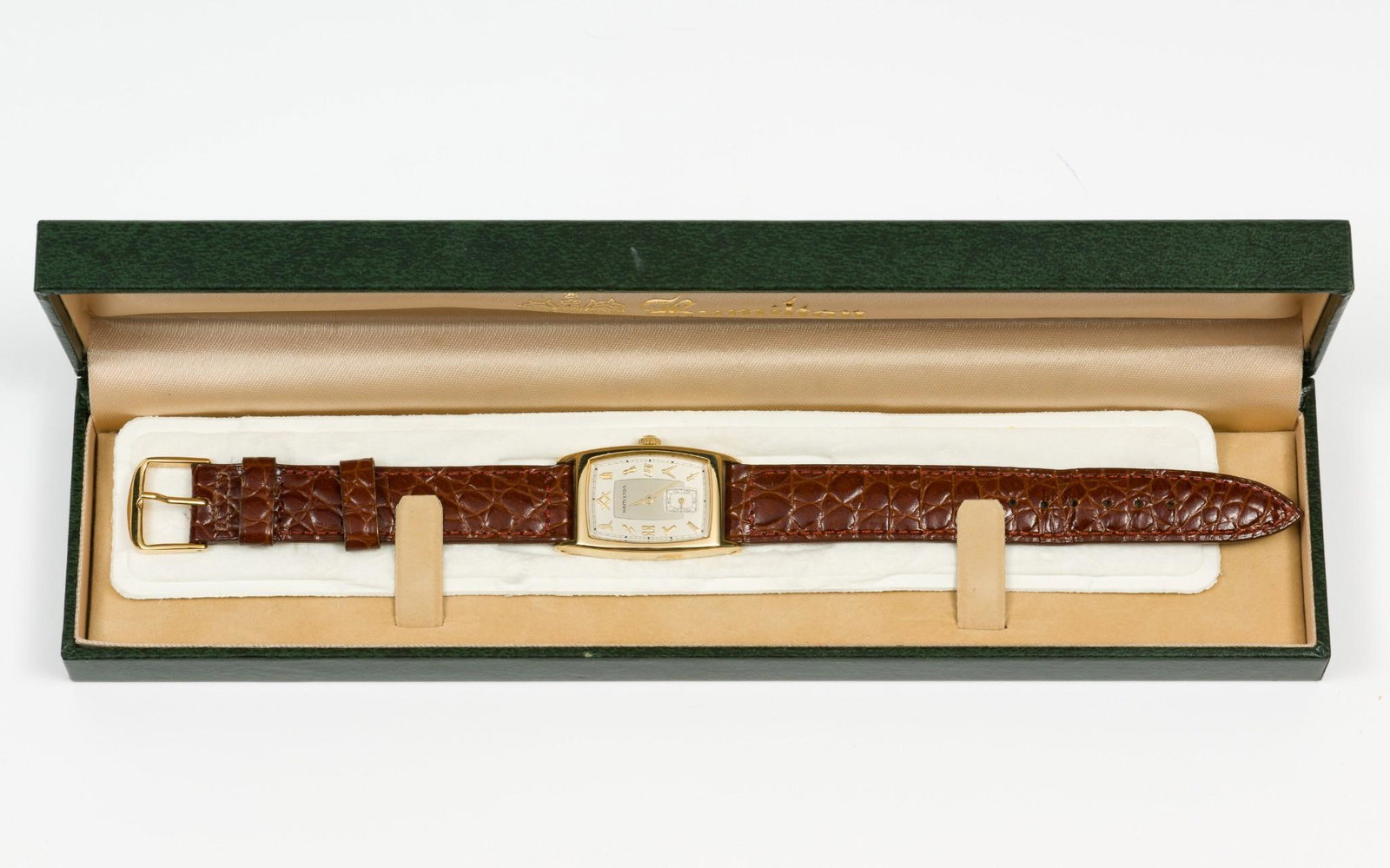 Hamilton Masonic Tank Wristwatch: Case length 1 and 3/8", lug to lug. Stainless steel back marked Registered Edition H.L.L. Lodge 260, 002/100. Not running. LM IMPORTANT: Before bidding, please read the terms and conditions. When you 