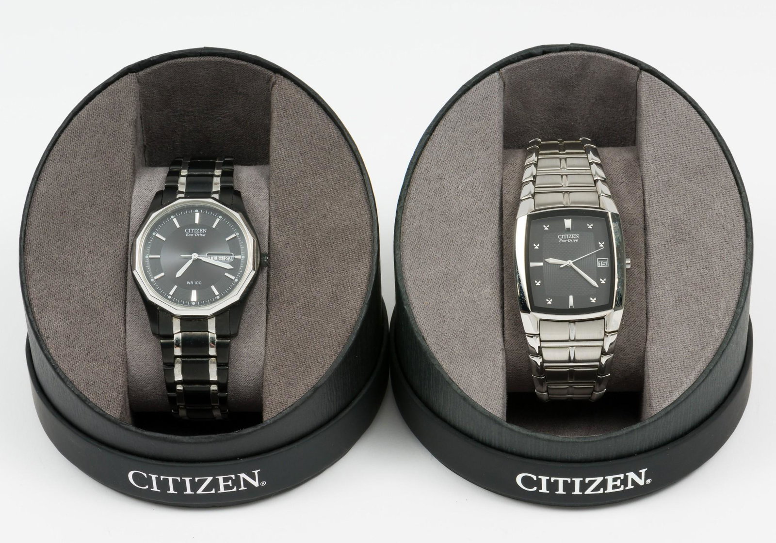 2 Citizen Eco-Drive Wristwatches: E111-S049385; WR10BAR. Rectangular case length 1.5", lug to lug. Octagonal case length 1 and 5/8", lug to lug. LM IMPORTANT: Before bidding, please read the terms and conditions. When you registered