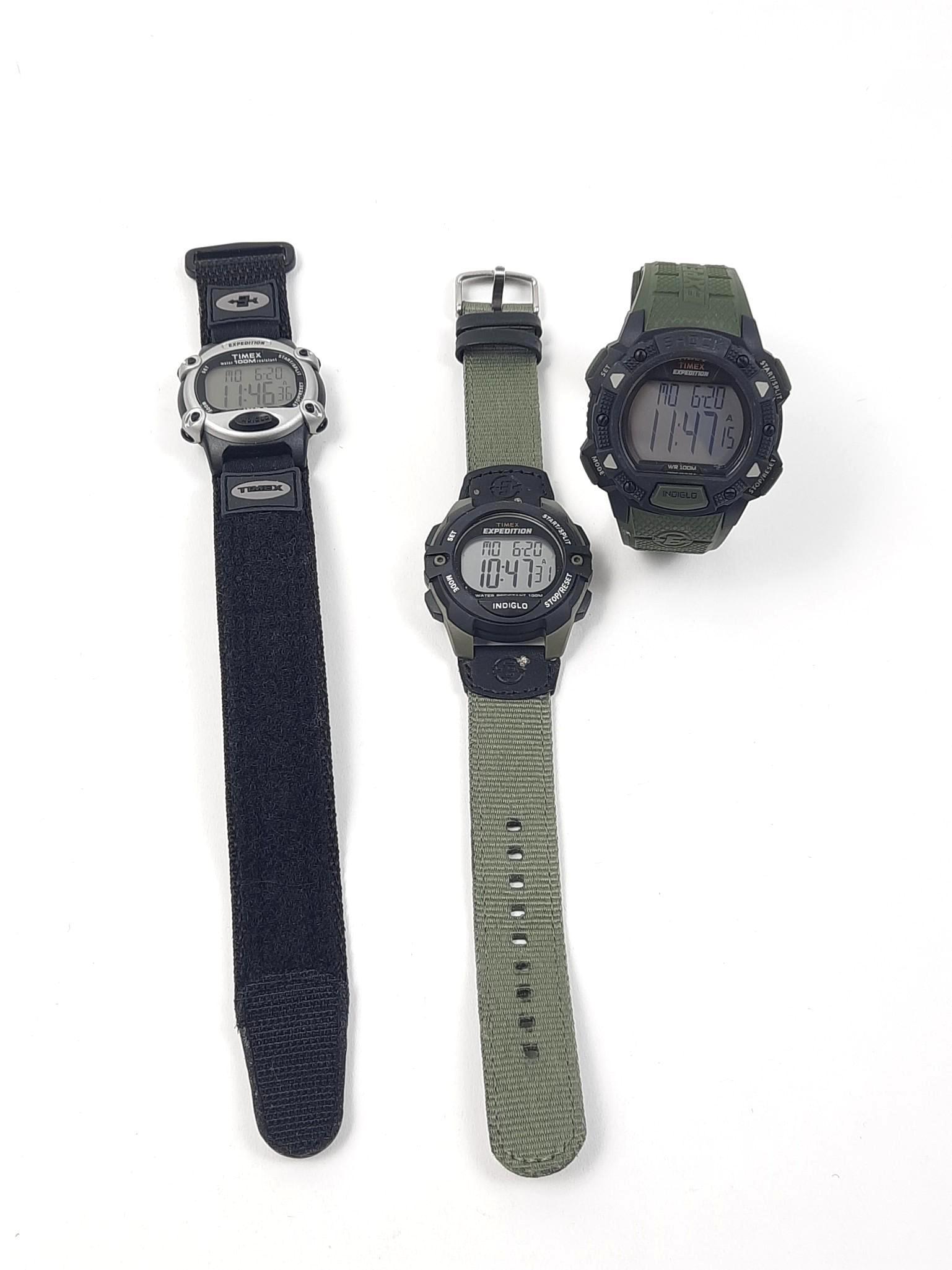 3 Timex Expedition Wristwatches: All working. LR IMPORTANT: Before bidding, please read the terms and conditions. When you registered for the auction you agreed to these terms and will be required to comply with them.