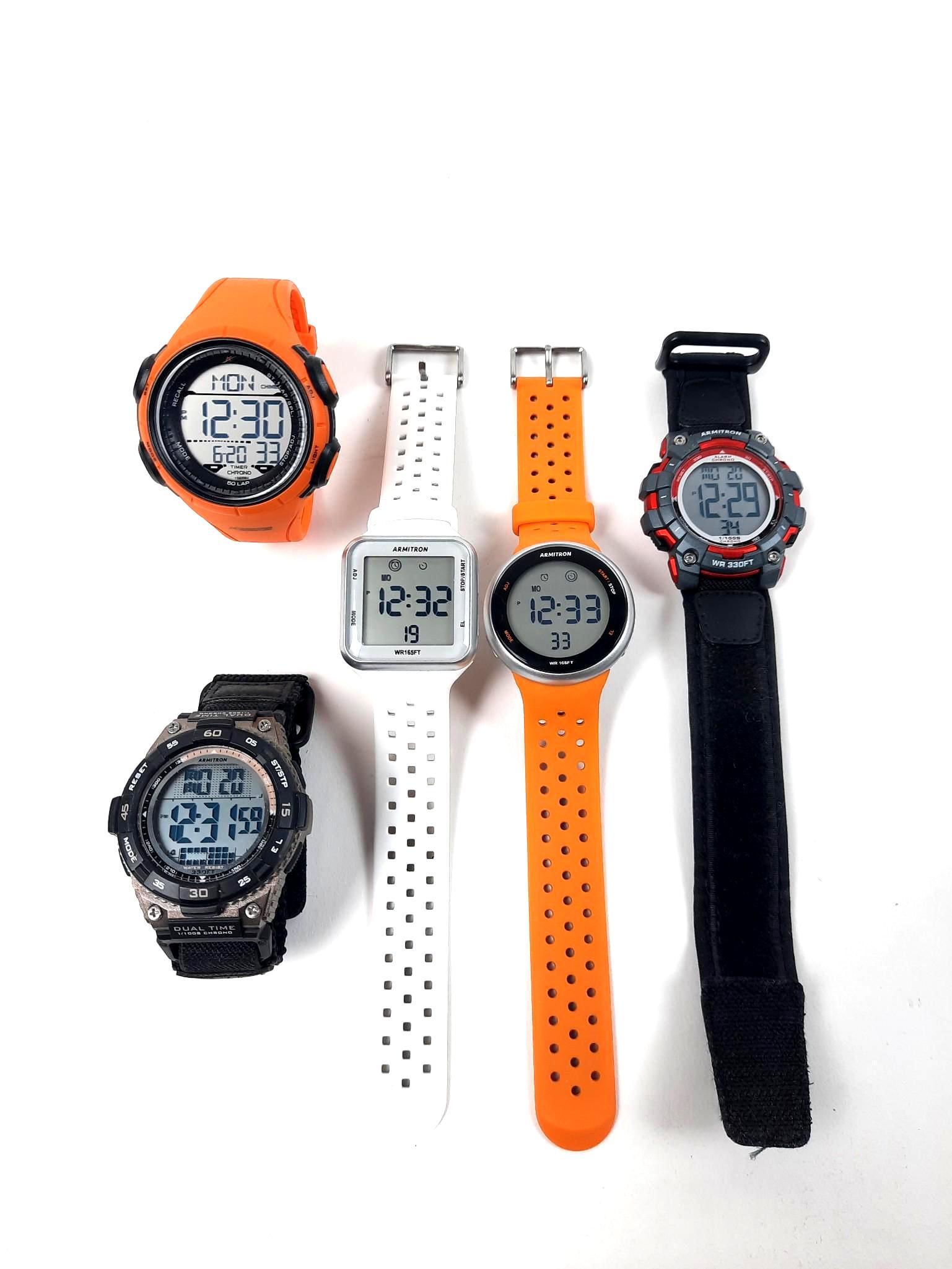 5 Armitron Wristwatches: All working. LR IMPORTANT: Before bidding, please read the terms and conditions. When you registered for the auction you agreed to these terms and will be required to comply with them.