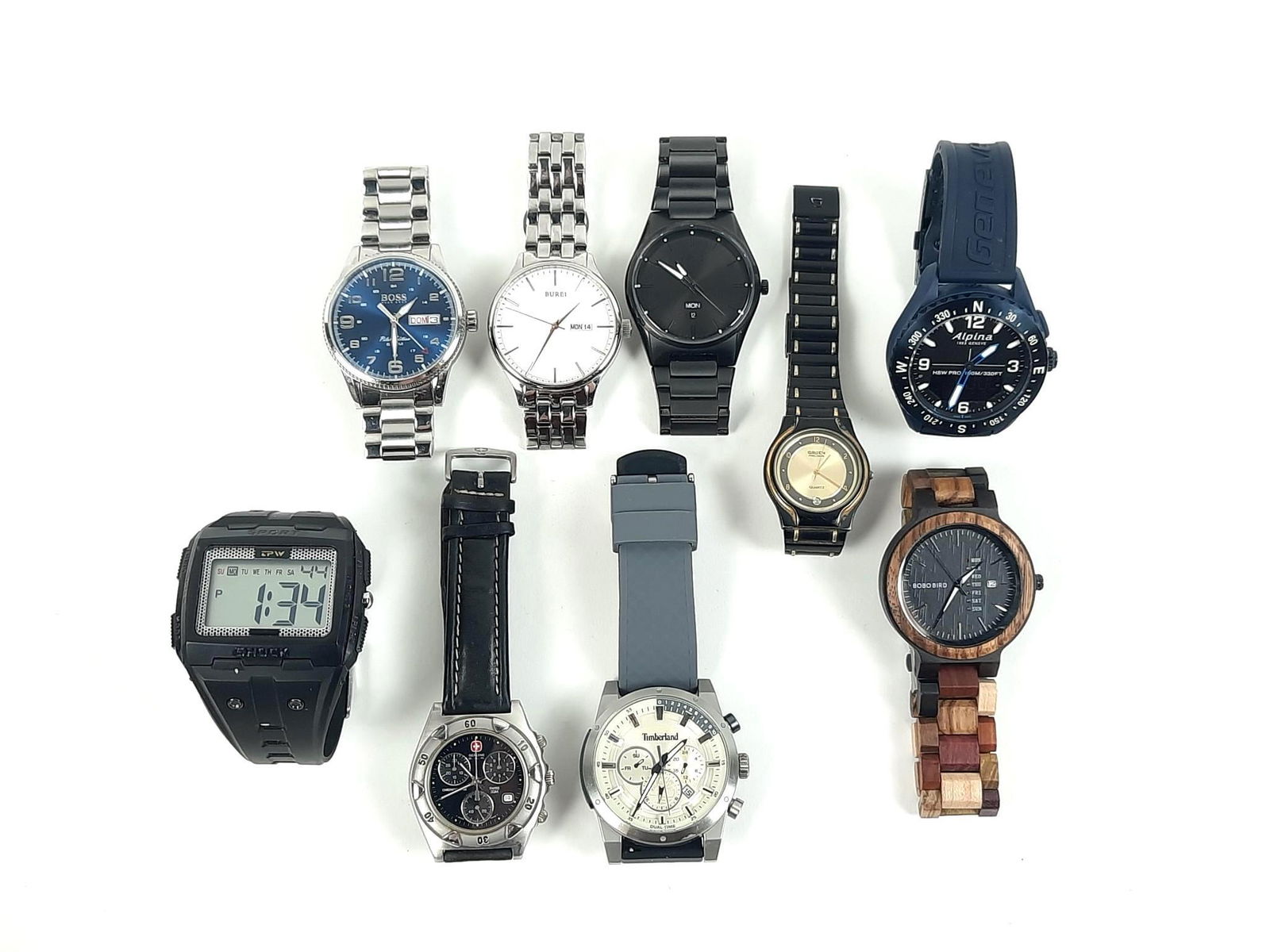 9 Men's Wristwatches incl Timberland: Also includes Arctron, Gruen, Alpina, Relic by Fossil, Burei, Hugo Boss, Sport Shock, and BOBO Bird. Hugo Boss and Gruen not working. All others working. LR IMPORTANT: Before bidding, please read the