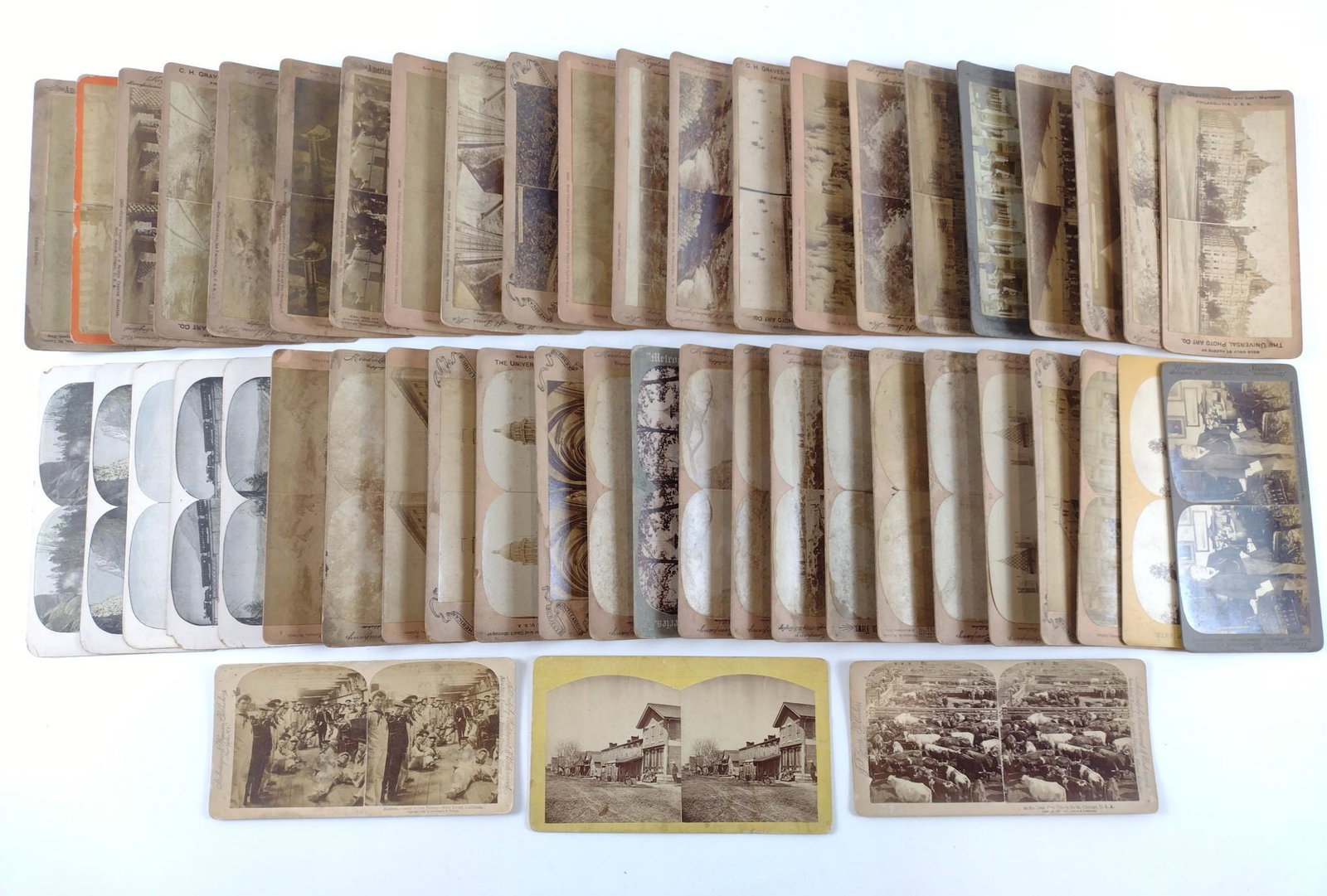 48 Stereoviews Incl Teddy Roosevelt: Also includes expedition of 1873, 1898 image of marines at Mare Island, California, 1890s Great Union Stock Yards Chicago, Switzerland, San Francisco, the western U.S., and more. MG. IMPORTANT: Before