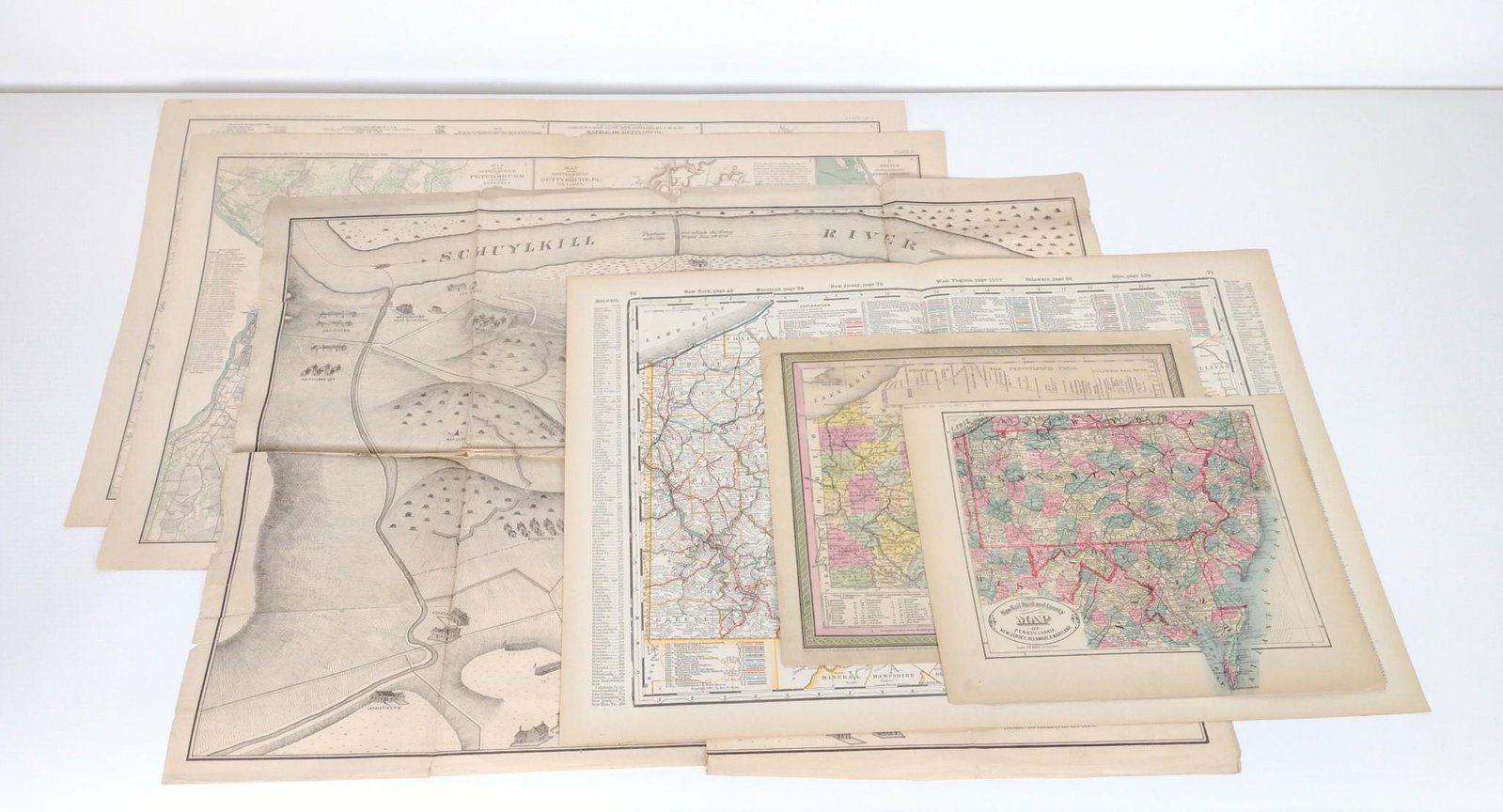 4 Pennsylvania Maps Incl Battlefield: Plates XL and XCV from Atlas to Accompany the Official Records of the Union and Confederate Armies 1861-1865, Julius Bien. Valley Forge, Geo. S. Harris Withe separation at folds. New Railroad and Coun