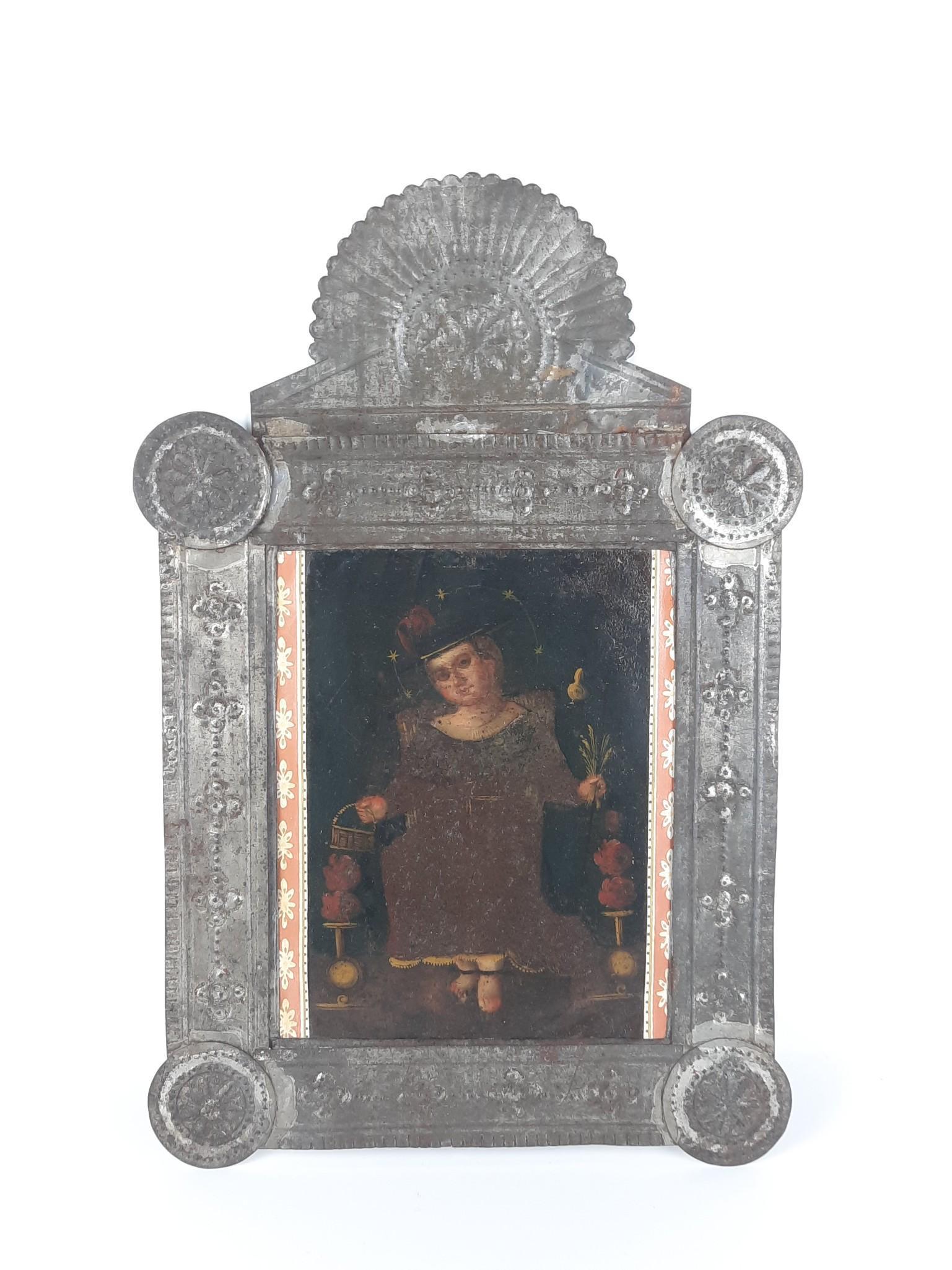Mexican Retablo in Decorated Frame: Probably made in Mexico City. Overall with frame 19" high x 12-3/4" wide. Frame crest not connected across the entire back. LR IMPORTANT: Before bidding, please read the terms and conditions. When you