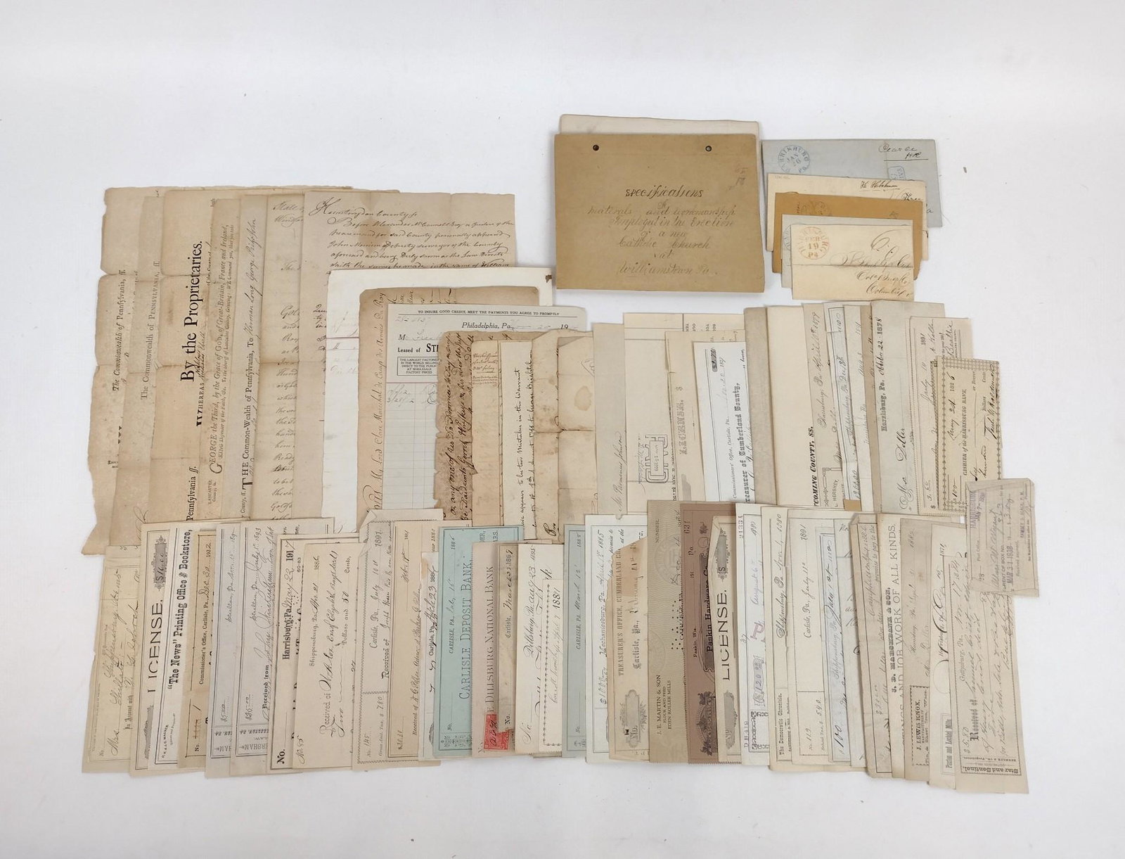 72 19th C. Pennsylvania Receipts & Documents: Includes Harrisburg Bank checks, receipts for various PA businesses that include Flanagan & Becker and the Herald Printing Co. Omg others, specifications for a Catholic Church in Williamstown, PA and 