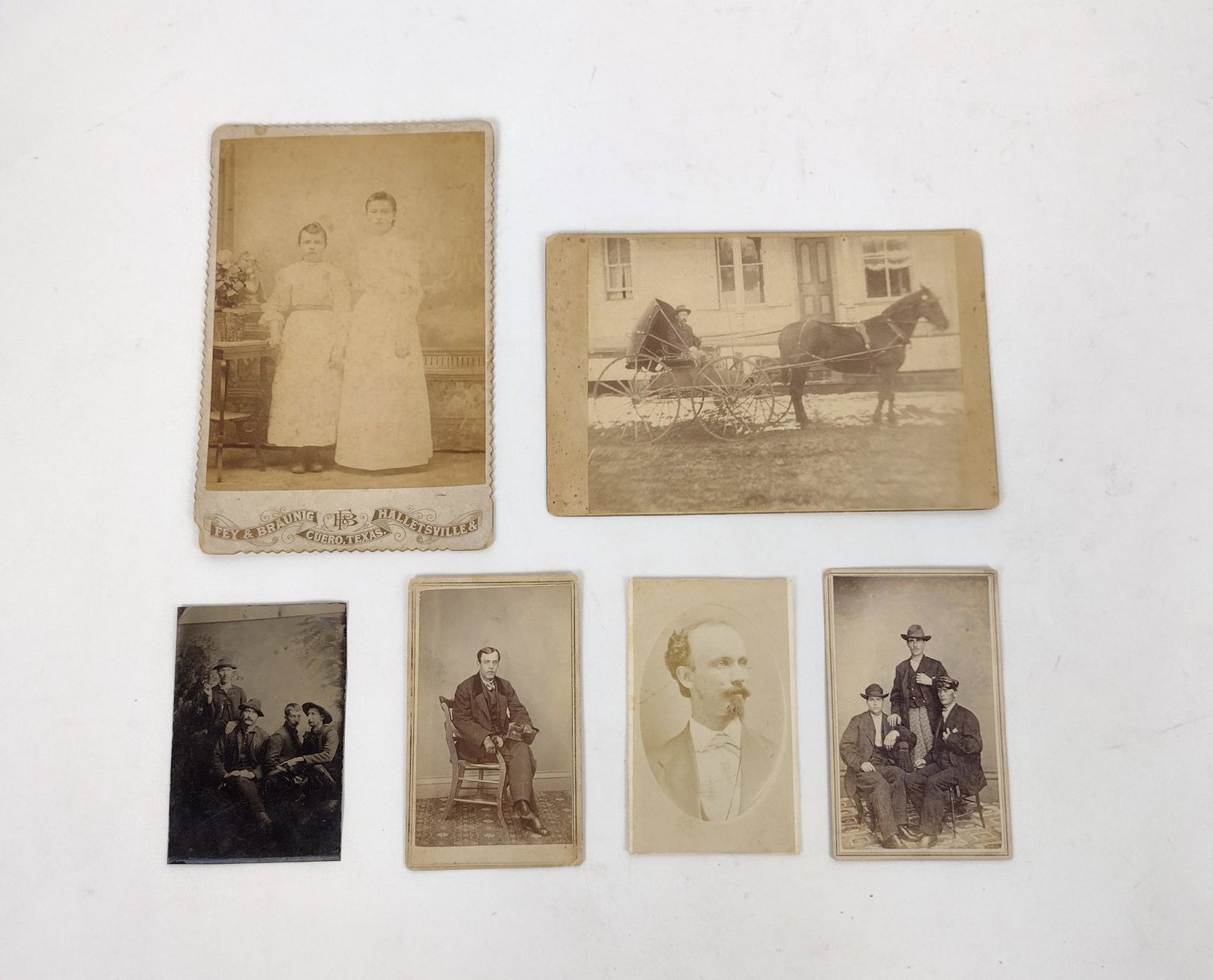 6 19th C. Images: Includes tintype of four Western gentlemen. Fey & Braunig Cuero Texas cabinet card of two girls. Photo of man in buggy. New Gallery image of three men. J. Goldwin photo of man. Photo of Chief Clark Ka