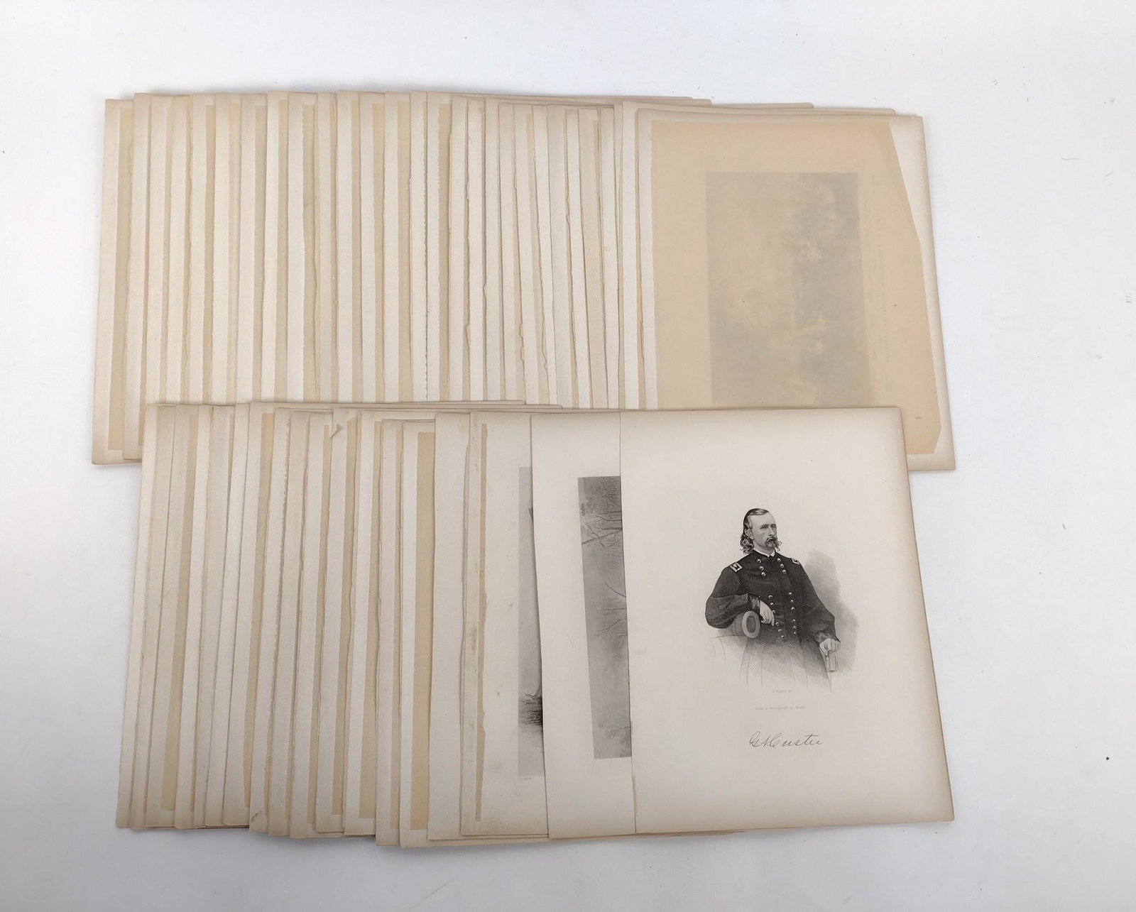 46 Battle Scenes & Military Leader Etchings: Mainly published by Vincent Yorktown, NY. Images include General W.T. Sherman, Soldier's Wife at Fort Niagara, Lafayette wounded, interview between General Jackson & Waterford, Moll Pitcher, G.A. Cust