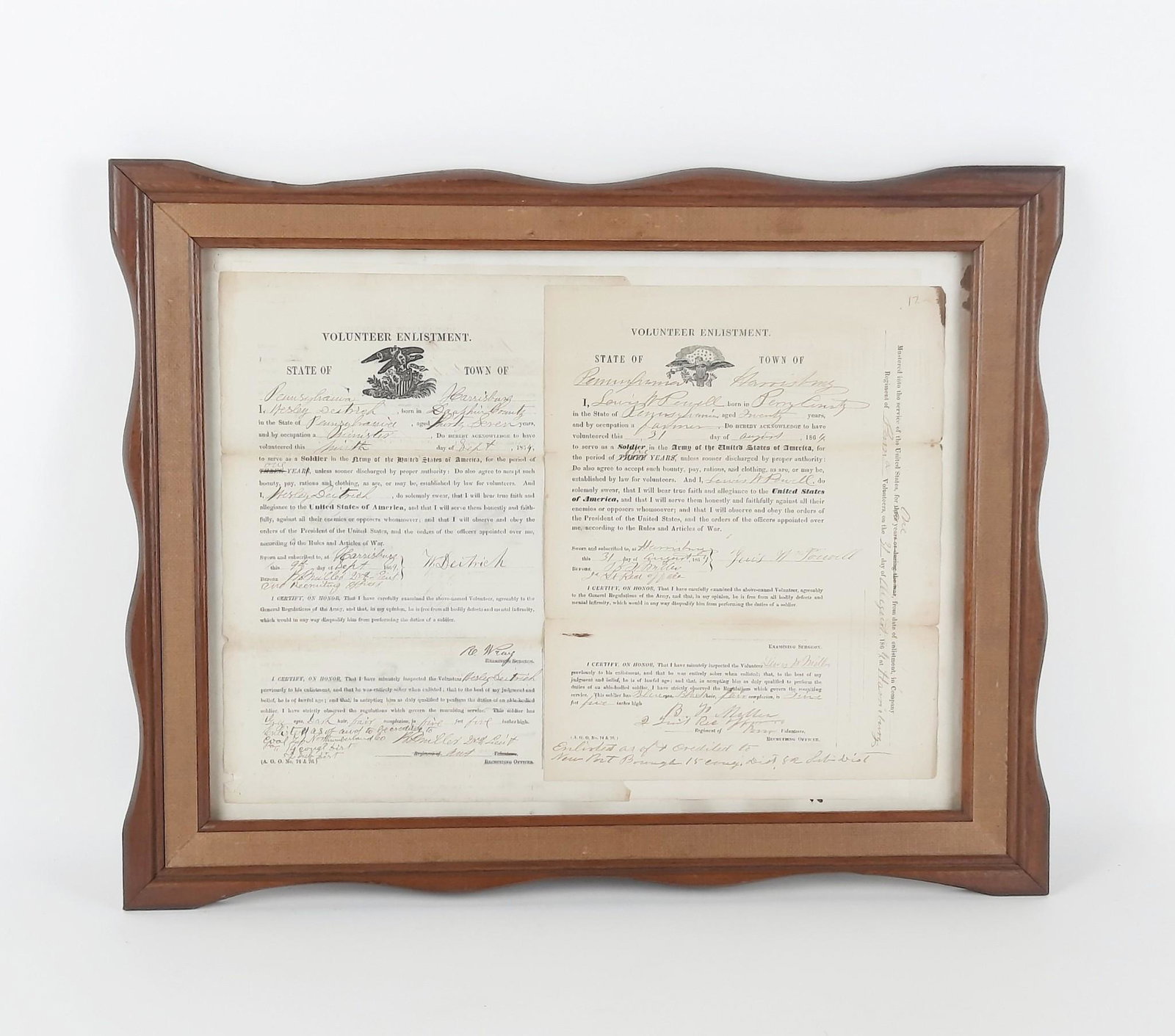 Wesley Dietrich and Lewis Powell Volunteer Enlistment Documents: Civil War enlistment papers dated 1864 for two soldiers from Dauphin County. Dietrich document lists his occupation as a minister which is an unusual occupation for enlistment papers. They may have bo