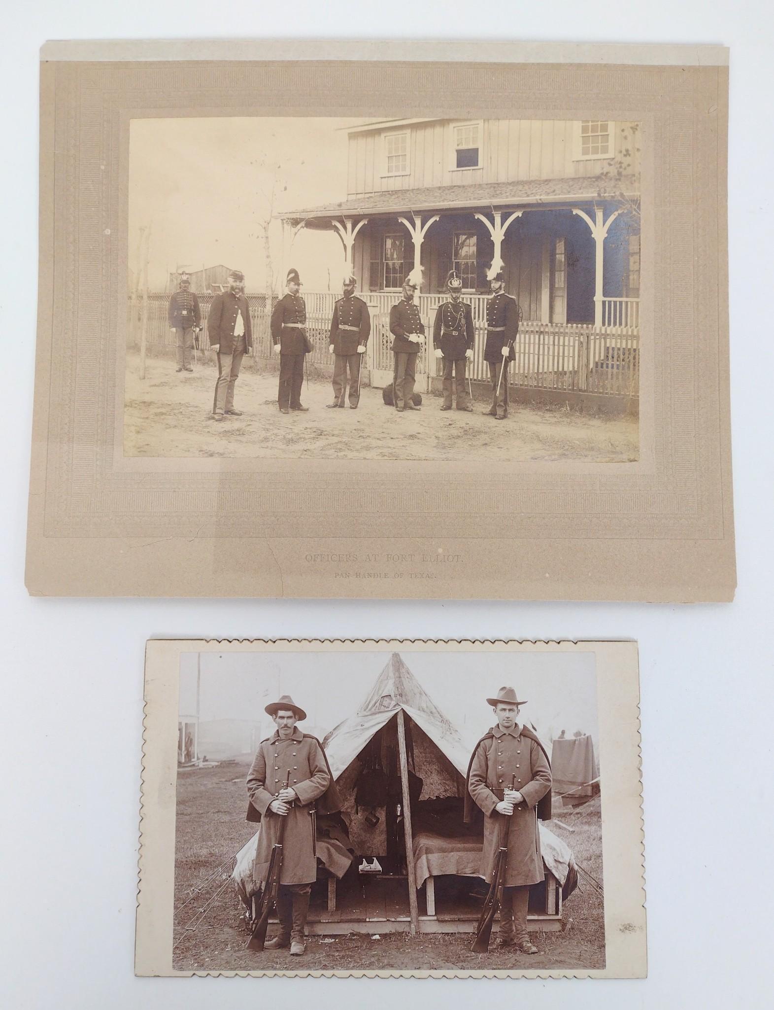 2 1860s Fort Elliot, TX Soldier Photos: Cavalry and infantry at Fort Elliot 1860s. Two soldiers in front of a tent. RM IMPORTANT: Before bidding, please read the terms and conditions. When you registered for the auction you agreed to these 