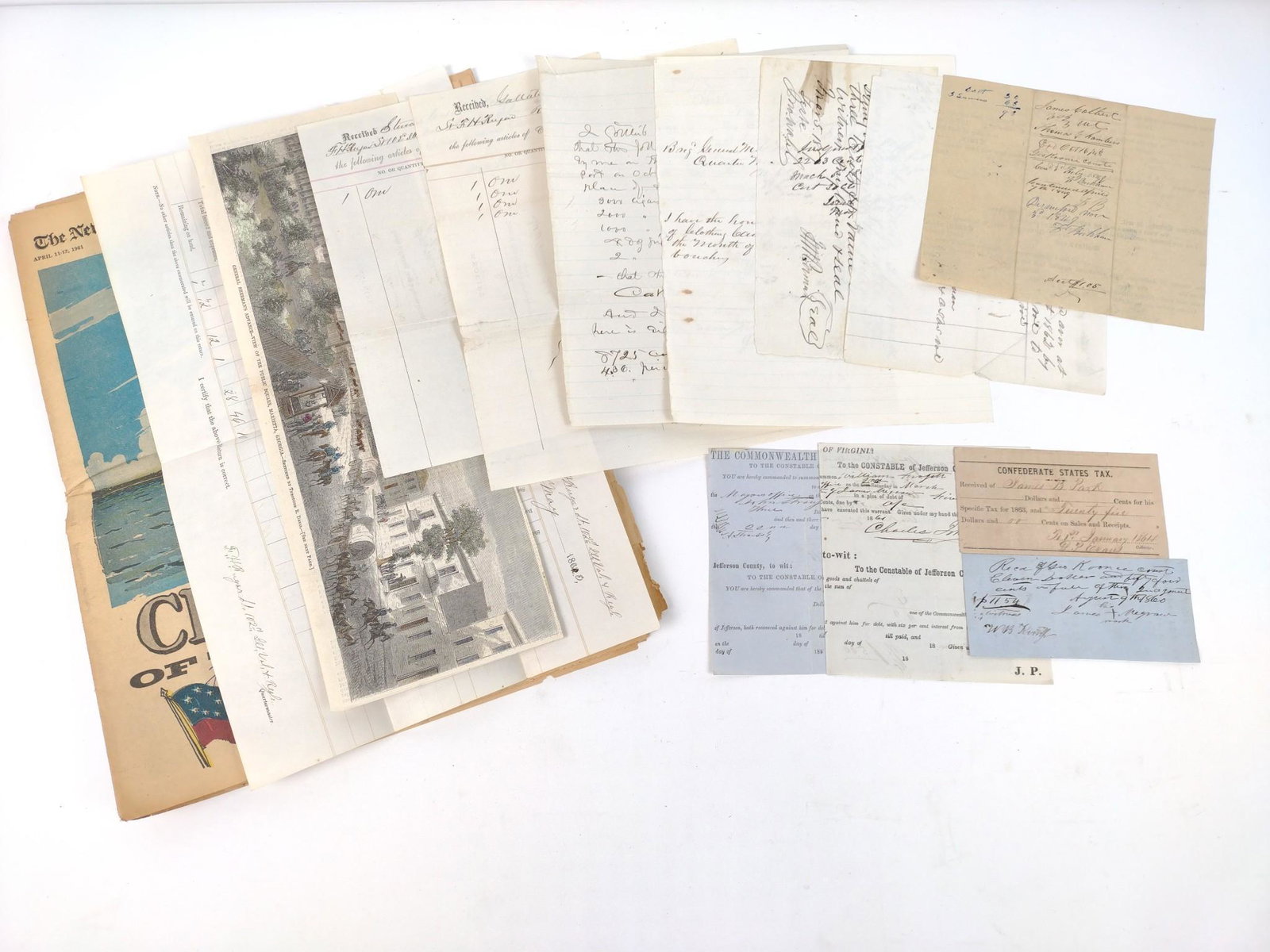 14 - Confederate Civil War Documents Incl Receipts: Includes reports, newspaper, and signatures of hostages. Many documents from Harper's Ferry. All have wear as expected with age. MG. IMPORTANT: Before bidding, please read the terms and conditions. Wh