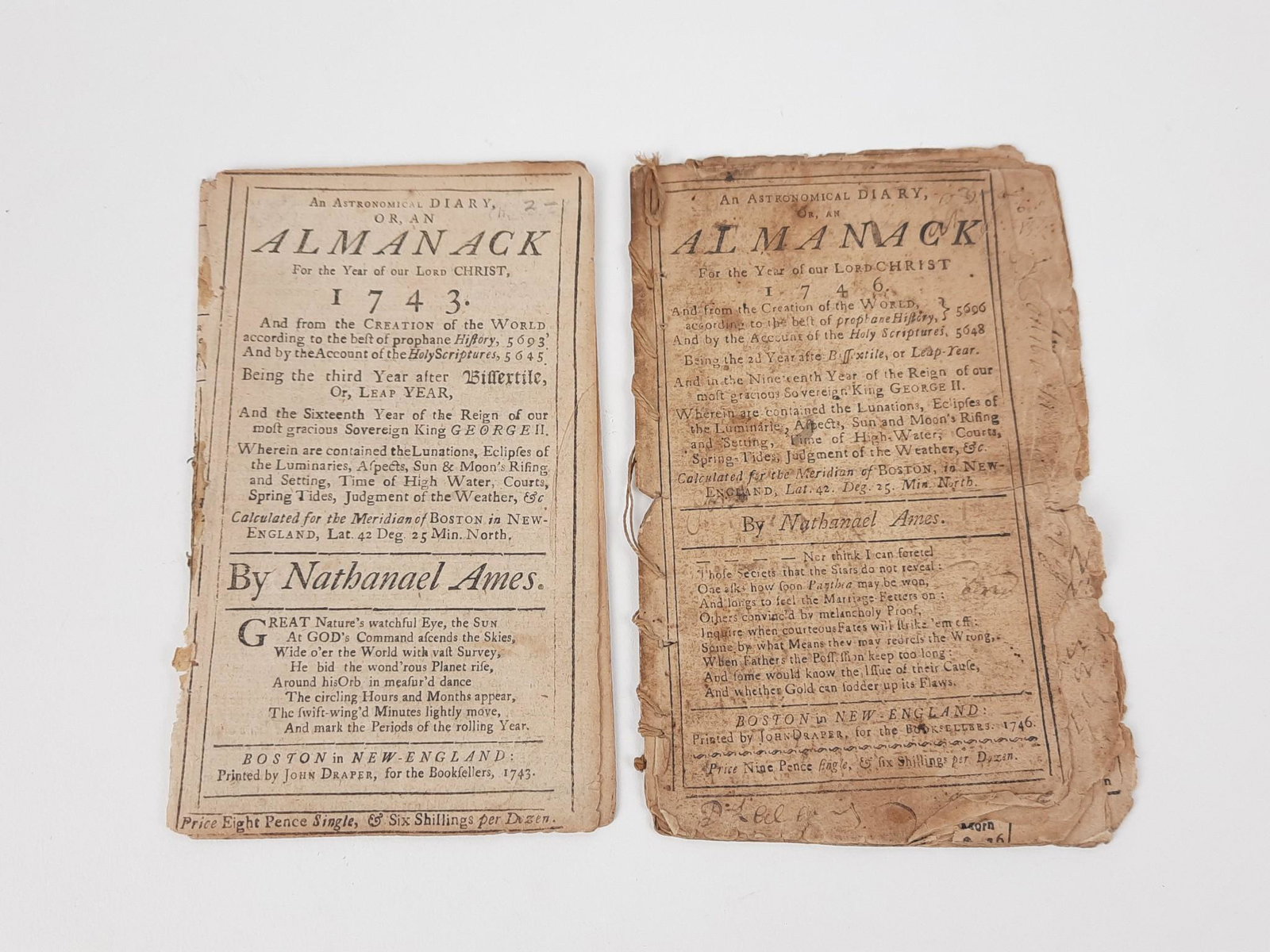 1743 and 1746 Nathaniel Ames Almanacks: Printed by John Draper, Boston. Both missing back leaf. Toning and wear to edges. LR IMPORTANT: Before bidding, please read the terms and conditions. When you registered for the auction you agreed to 