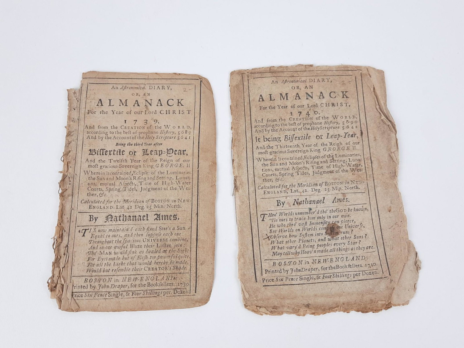 1739 and 1740 Nathaniel Ames Almanacks: Printed by John Draper, Boston. Some toning, foxing, chipping and losses to edges. LR IMPORTANT: Before bidding, please read the terms and conditions. When you registered for the auction you agreed to