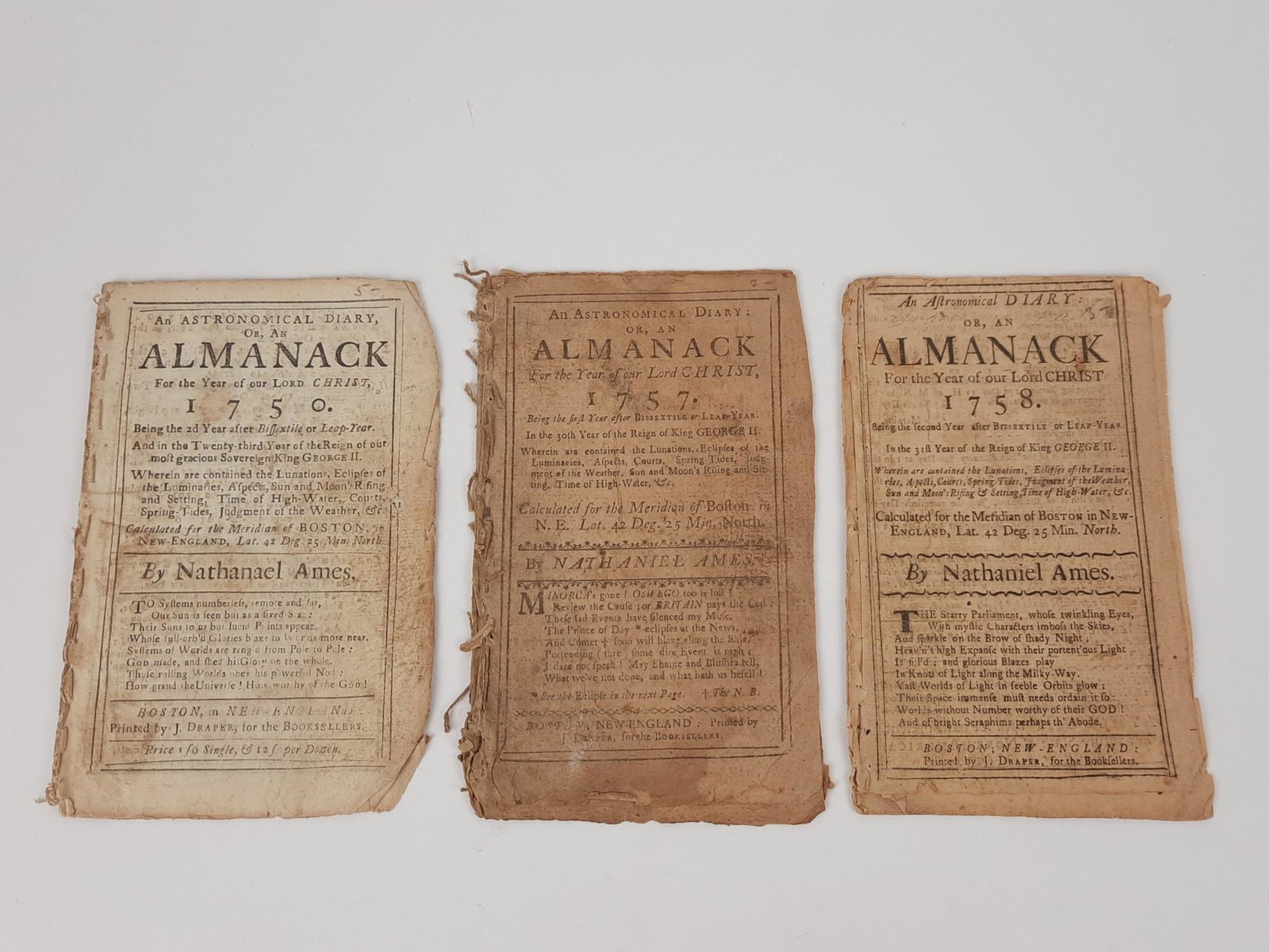 3 Nathaniel Ames Almanacks: Includes 1750, 1757 and 1758. Printed by John Draper, Boston. 1750 and 1757 missing last leaf. 1758 missing last leaf, hole next to last leaf and extra title page. All with toning, and wear to edges. 