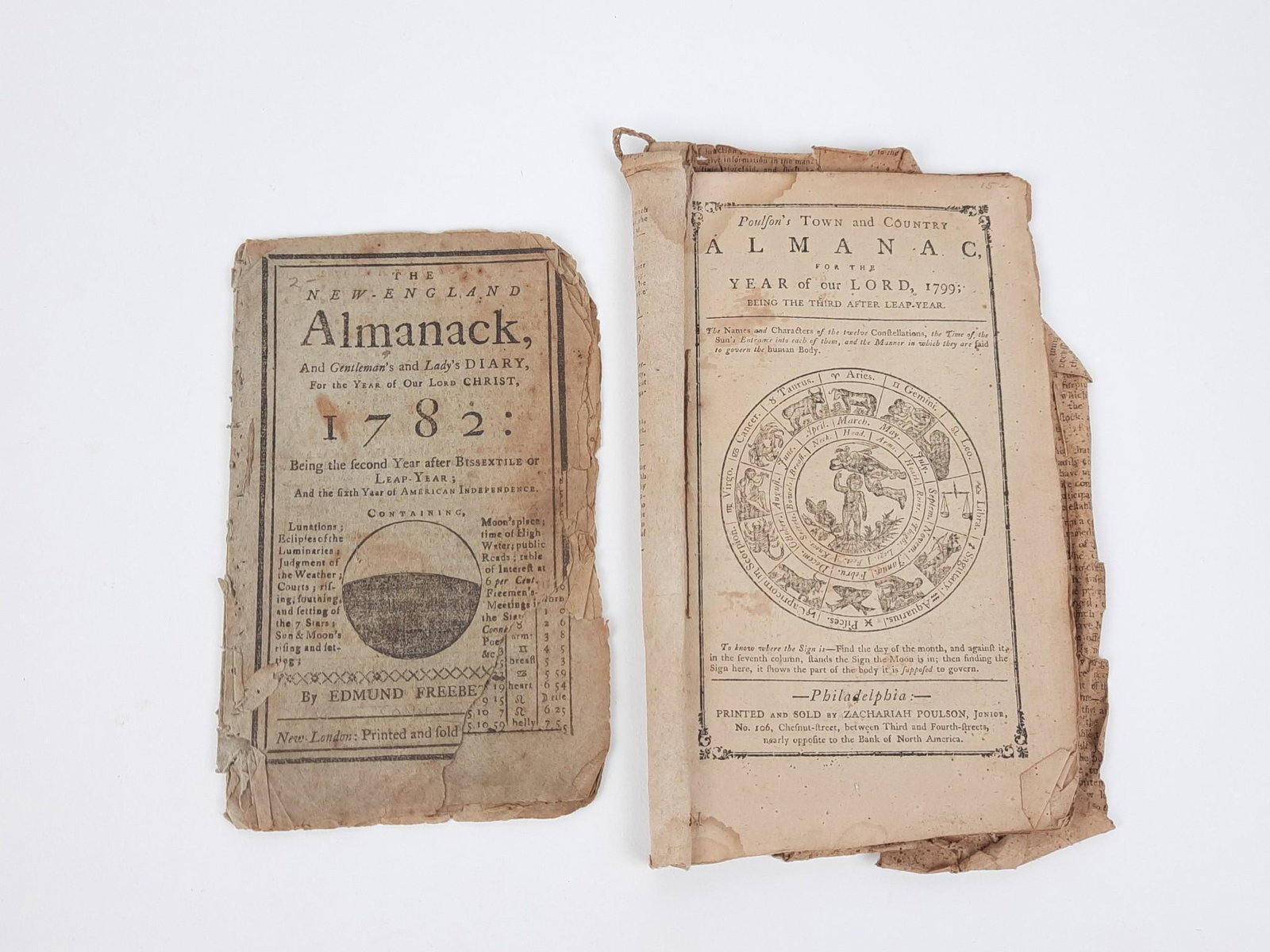 2 - 18th c. Almanacs incl Poulsm's: Includes 1782 The New England Almanack and 1799 The Poulsm's Town and Country Almanac. Poulsm's missing some pages. All with some toning and wear to edges. LR IMPORTANT: Before bidding, please read th
