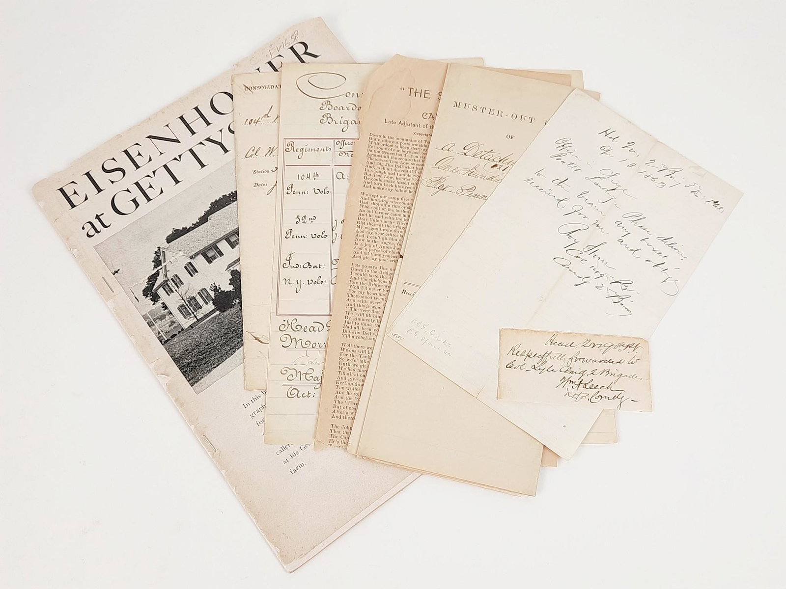 7 Pennsylvania Civil War Documents incl Gettysburg: Includes reports, Muster Roll, Signature if Lt. Col. William Leech, poem, Signature of Col. Roy Stone at Gettysburg, etc. All with wear expected with age and use. LR IMPORTANT: Before bidding, please