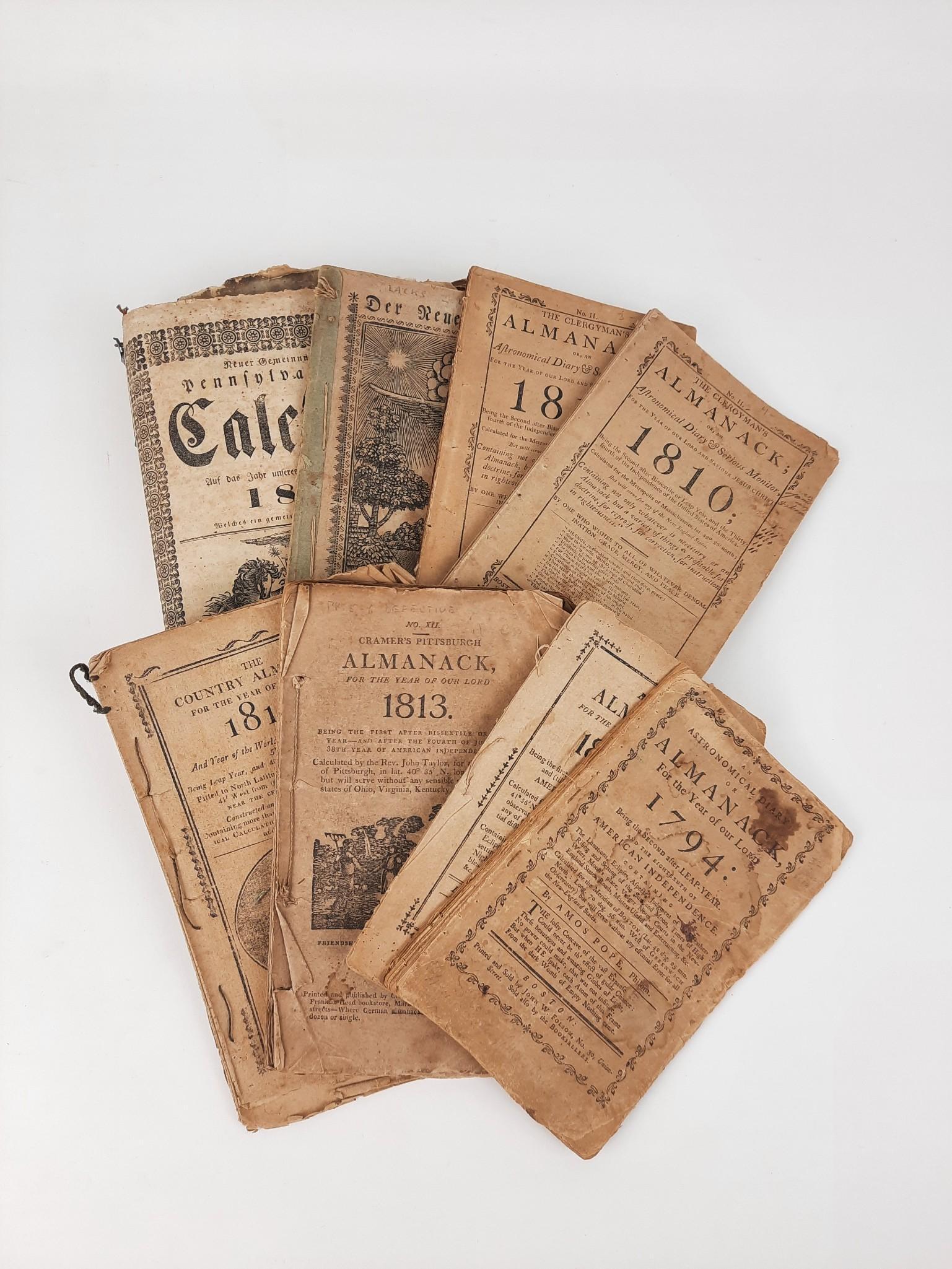 8 - 19th c Almanacks: Includes The Clergymens Almanack 1810, The Country Almanack 1816, Cramer's Pittsburgh Almanack 1813, Amos Pope's Almanack 1794, Pennsylvania Dutch Almanack 1814 and Uncle Sam's Almanack. All with some