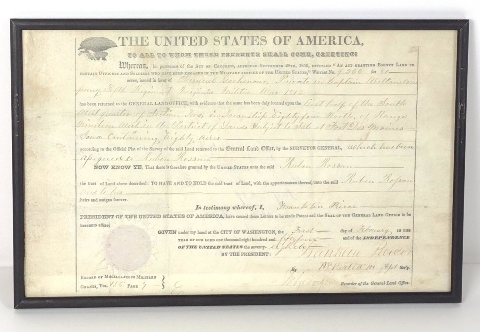 1854 Iowa Land Grant Franklin Pierce Secretarial Sig.: 80 acres issued to Samuel Gochenour, a private in Captain Waltons Co. 5th Regiment Virginia in the War of 1812. Des Moines, Iowa. 16-1/4" long x 10-1/2" wide. RM IMPORTANT: Before bidding, please read
