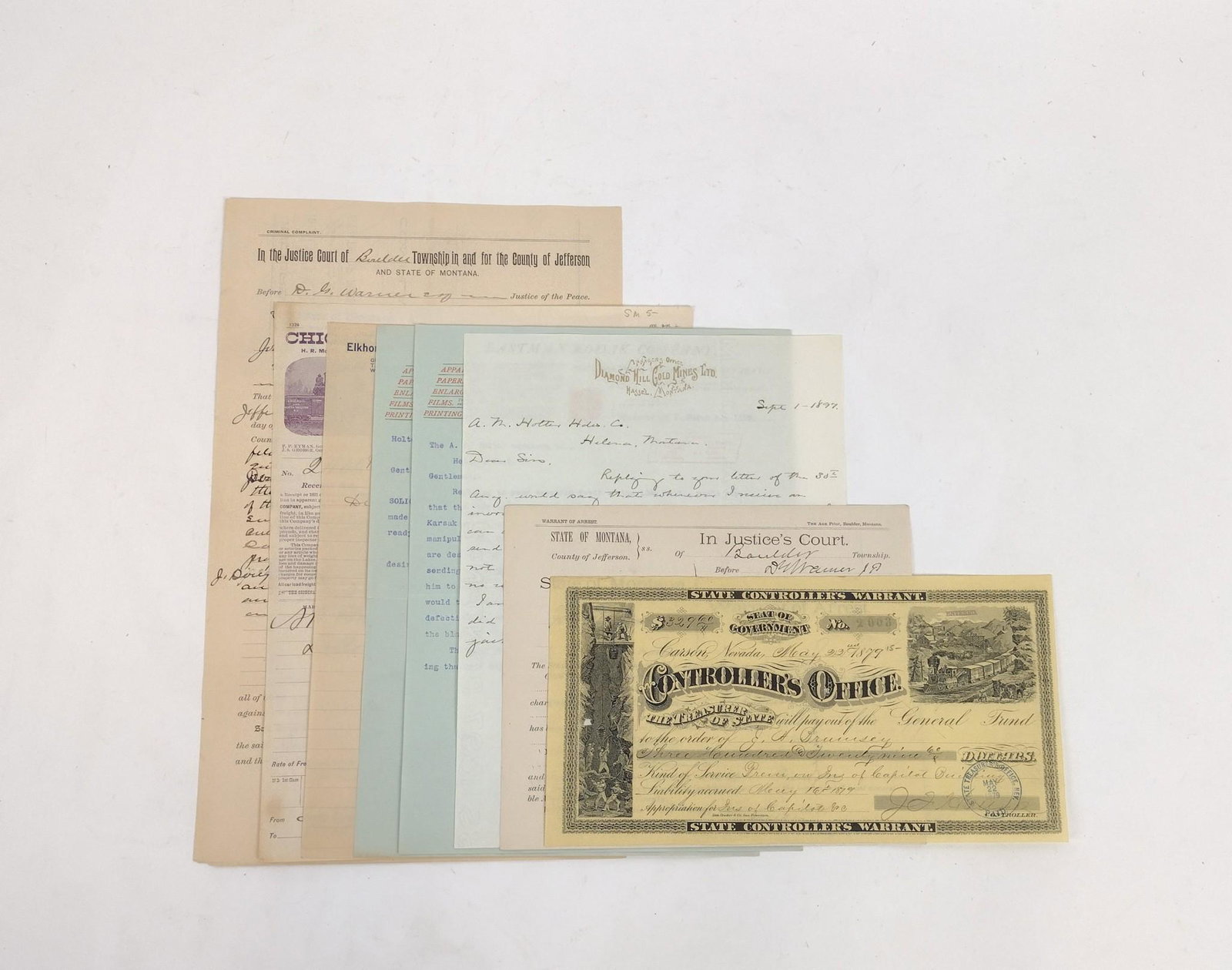 8 Western Company Receipts & Letters: Including Carson Nevada Warrant, Diamond Hill Gold Mines letterhead, Montana Arrest Warrant, Chicago & Northwest Railroad Bill of Lading, Eastman Kodak letterhead, Elkhorn & Old Baldy Railroad letterh