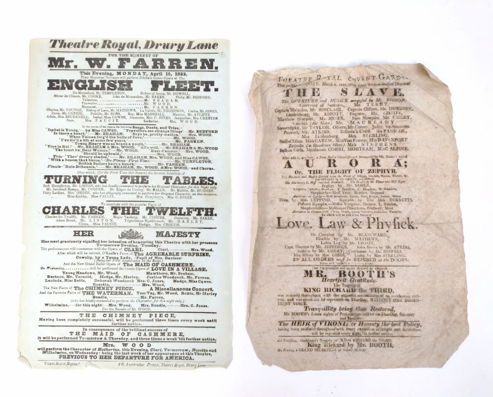 2 Theater Royal Broadsides: Includes Drury Lane April 15th, 1833 and Covent Garden March 4, 1817. LR IMPORTANT: Before bidding, please read the terms and conditions. When you registered for the auction you agreed to these terms 