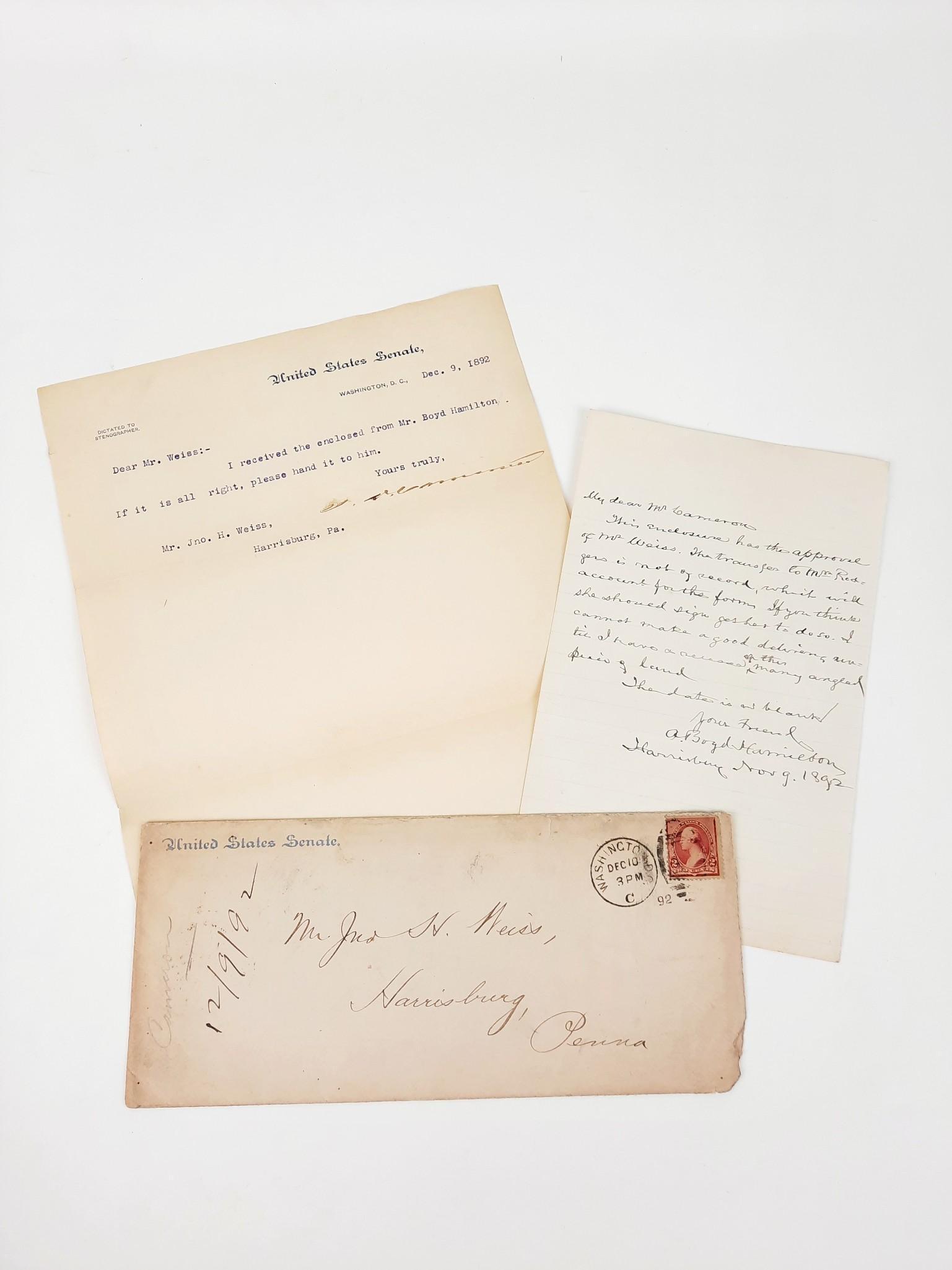 Letter and Document from Adam Boyd Hamilton (1808-1896): Hamilton was secretary of the Pennsylvania State Senate. LR IMPORTANT: Before bidding, please read the terms and conditions. When you registered for the auction you agreed to these terms and will be r