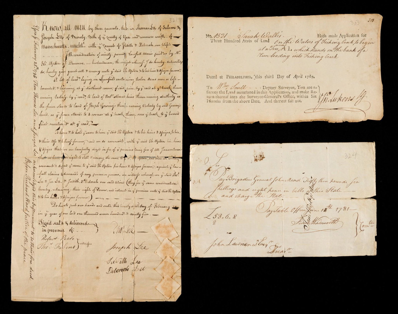 Collection of 18th Century Manuscripts: A group of three 18th century manuscript documents. The first a land deed dated 1795 from Massachusetts between Eli Upon and John Pickering. The second a land record dated 1769 for property along Fish