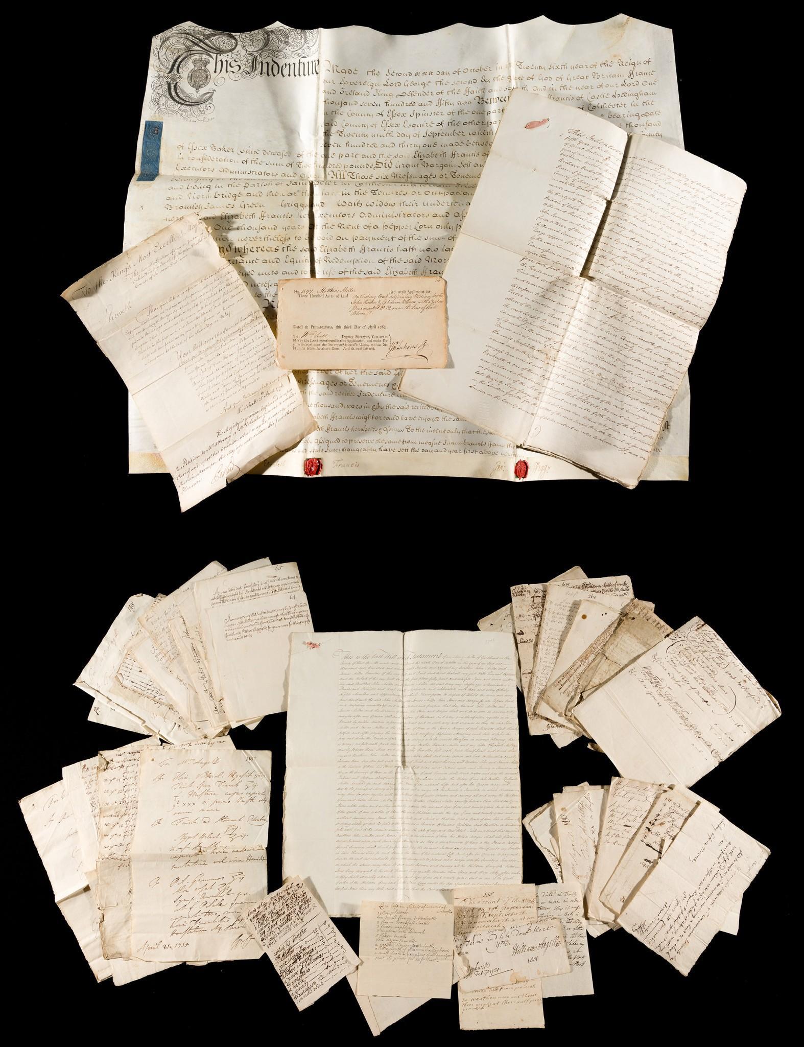 Group of Various 18th C. Manuscript Documents: A collection of hand scrivened manuscript items including a 1798 will, a deed from Surry and other items, English in origin. Various conditions as expected with age. RM IMPORTANT: Before bidding, plea