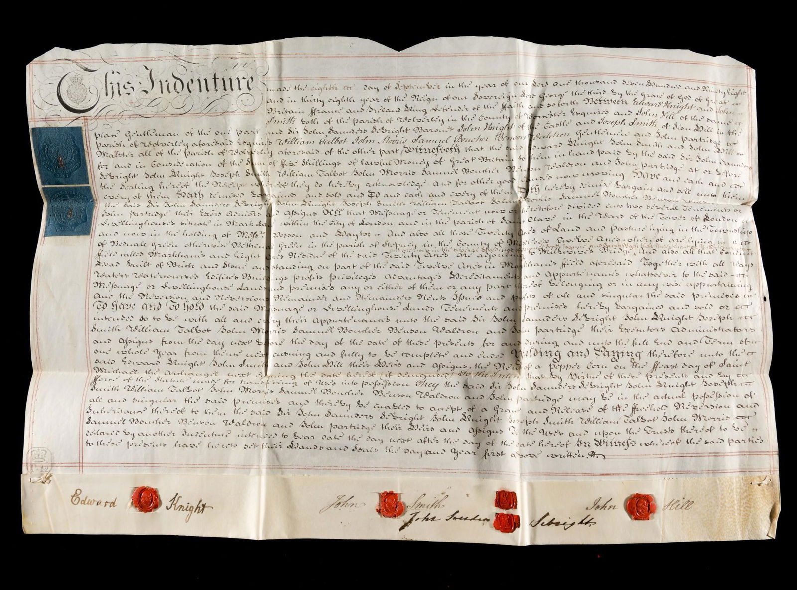 English Manuscript Deed: Scrivened English vellum deed dated 8 September 1798 between Edward Lynch, John Hill, and John Smith for a tract of property in either Yorkshire or Worcestershire, England. Wear consistent with age. R