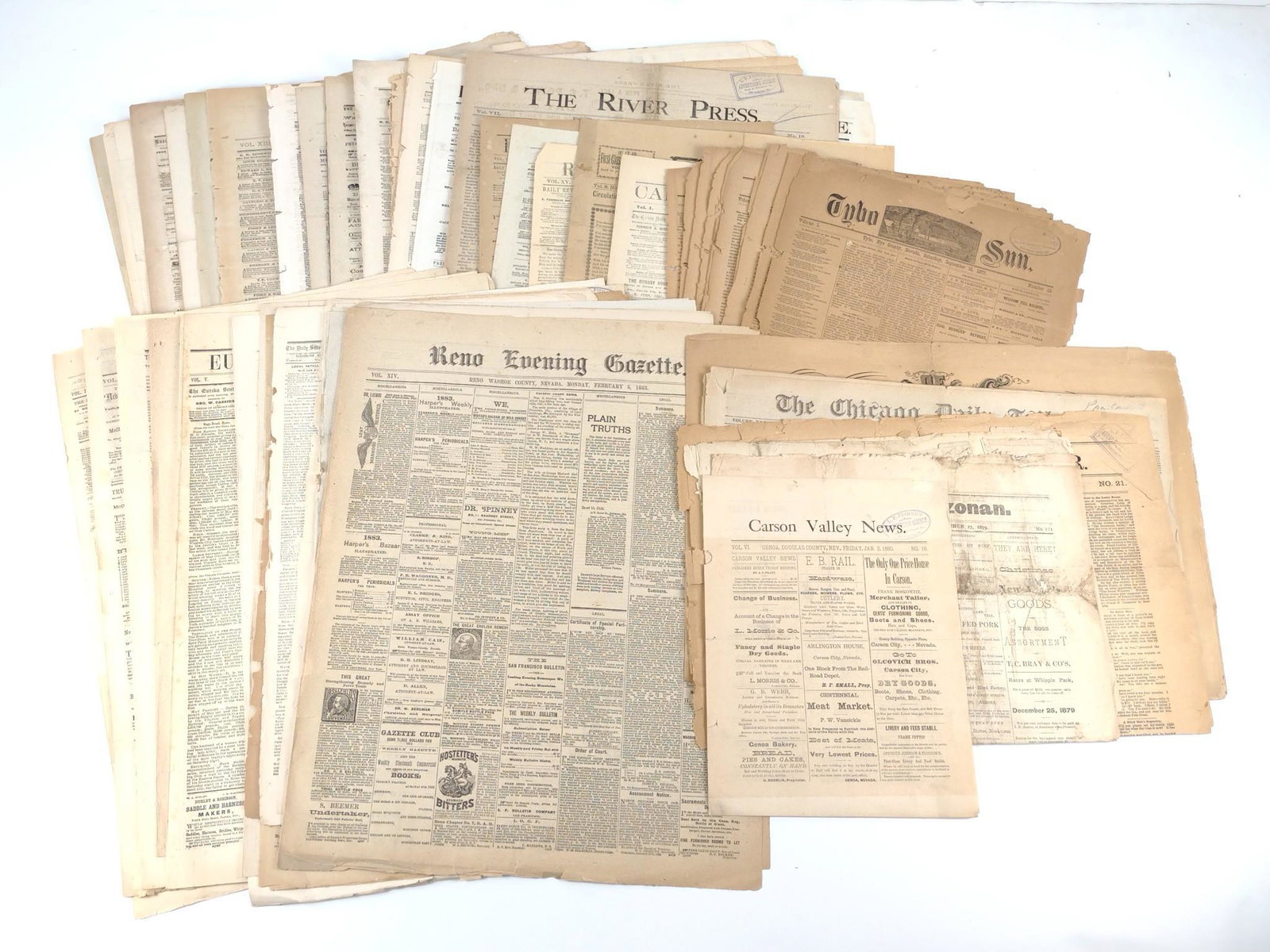 50 19th C Western U.S. Newspapers: Includes Tacoma, Santa Fe, Carson City, Petaluma, Tucson, Reno, Mammoth City, Silver City, Eureka, San Jose, Castroville, Healdsburg, Sacramento, and more. DP. IMPORTANT: Before bidding, please read t