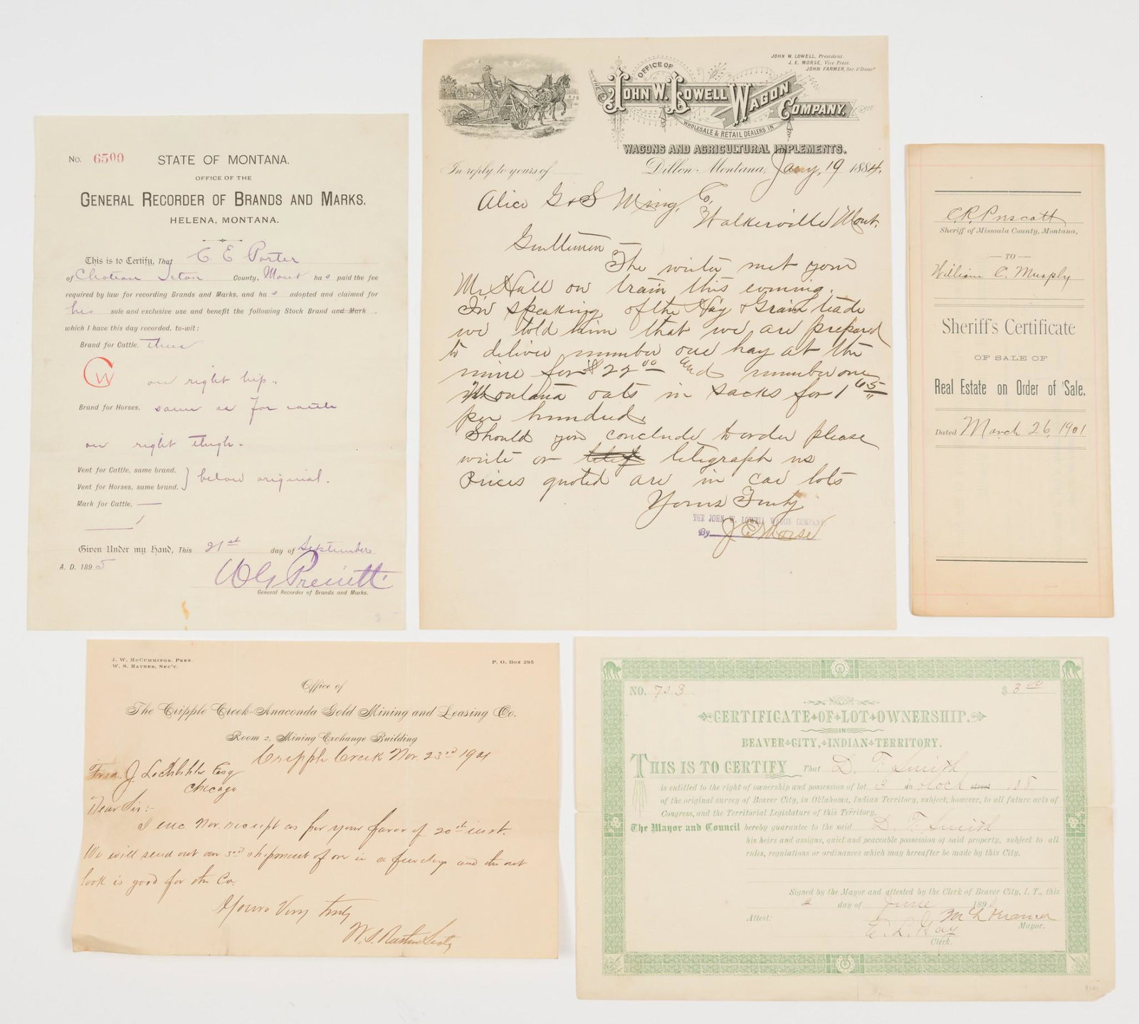 5 Western States Articles, 19th and Early 20th Centuries: Letter on John W. Lowell Wagon Company letterhead 1884. Certificate from Montana General Recorder of Brands and Marks 1895. Letter on Cripple Creek - Anaconda Gold Mining and Leasing Office letterhead
