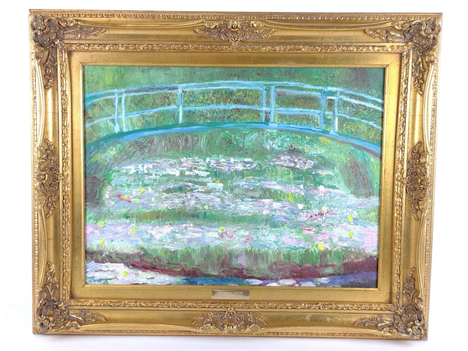 After C. Monet "The Japanese Footbridge" Painting: Unsigned. Name plate "The Japanese Footbridge By Monet Expressley for Dr. Ali Ahmed 3-3-02". Overall with frame 25-1/2" high x 31-1/2" wide. DP. IMPORTANT: Before bidding, please read the terms and co