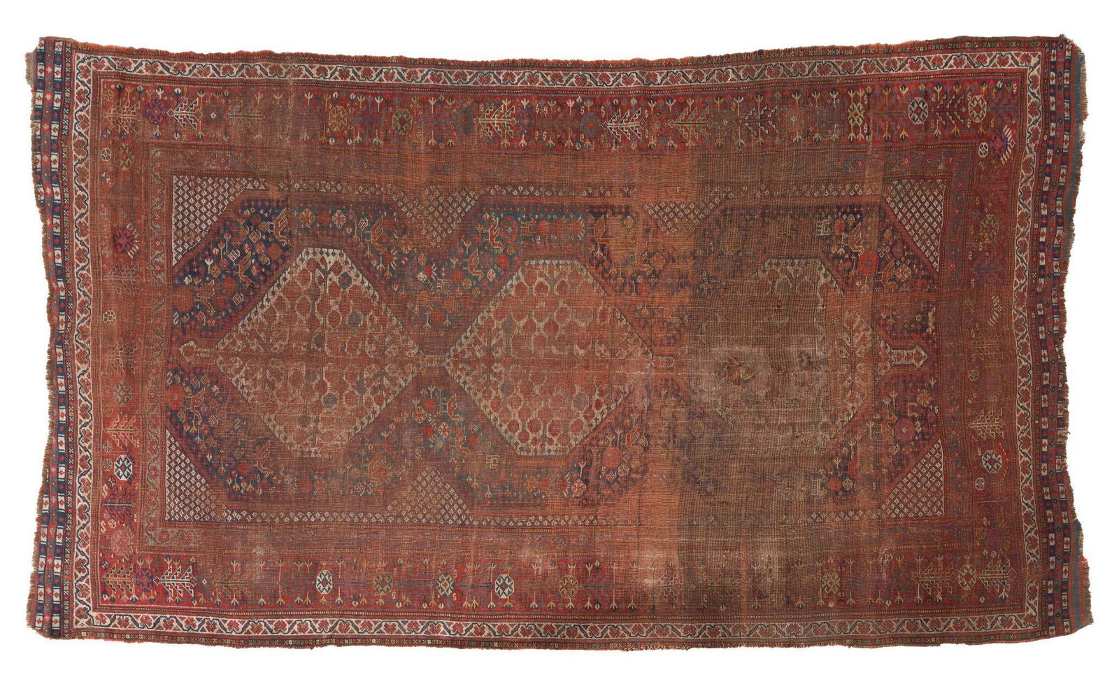 Antique Persian Qashqui Area Rug: Pole medallion design set in blue field with white highlights. 1920s. 8' 11" long x 5' 1" wide. Overall wear and fading, losses to edges and trim. Stabilization verso. MH. IMPORTANT: Before bidding, p