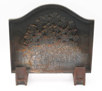 J. Del Conner Small Great Oak Fireback: Iron. Small Great Oak pattern first introduced in 1986. Marked for J. Del Conner Pennsylvania Firebacks (1979 - present) to reverse. With stand. 18" wide x 16" high. KE. IMPORTANT: Before bidding, ple