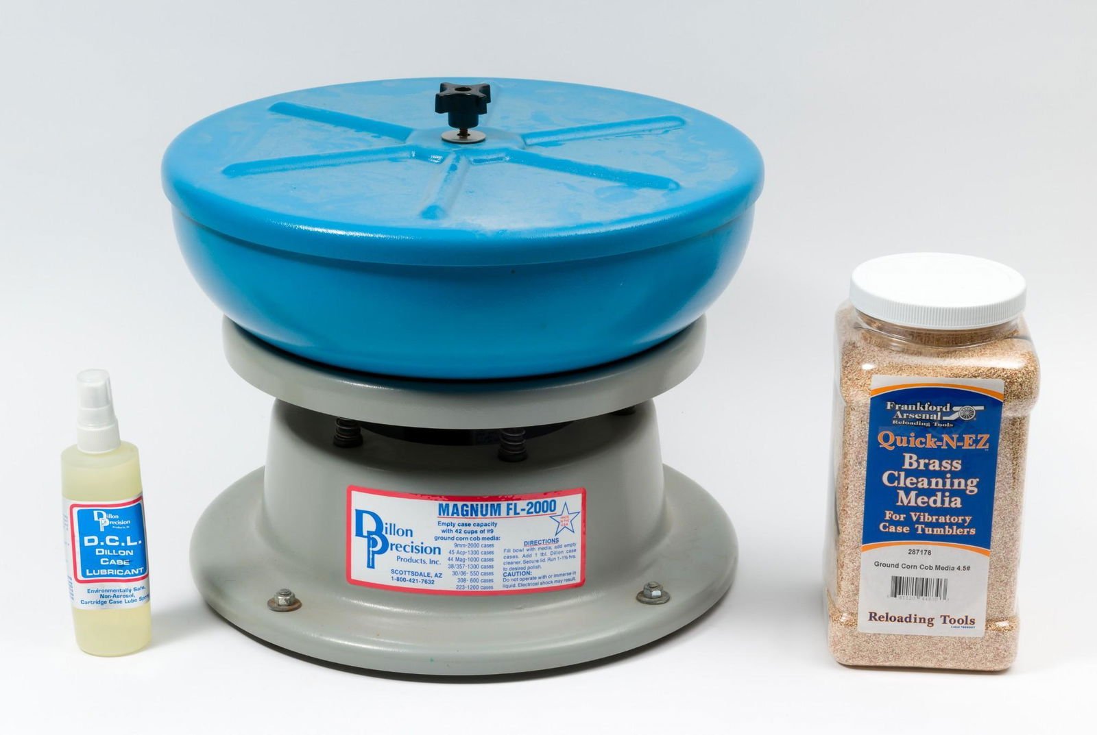 Dillon Precision Magnum FL-2000 Vibratory Tumbler: Also includes Frankford Arsenal Quick-N-EZ brass cleaning media and D.C.L. Dillon Case Lubricant. Media and lubricant unopened. RM IMPORTANT: Before bidding, please read the terms and conditions. When