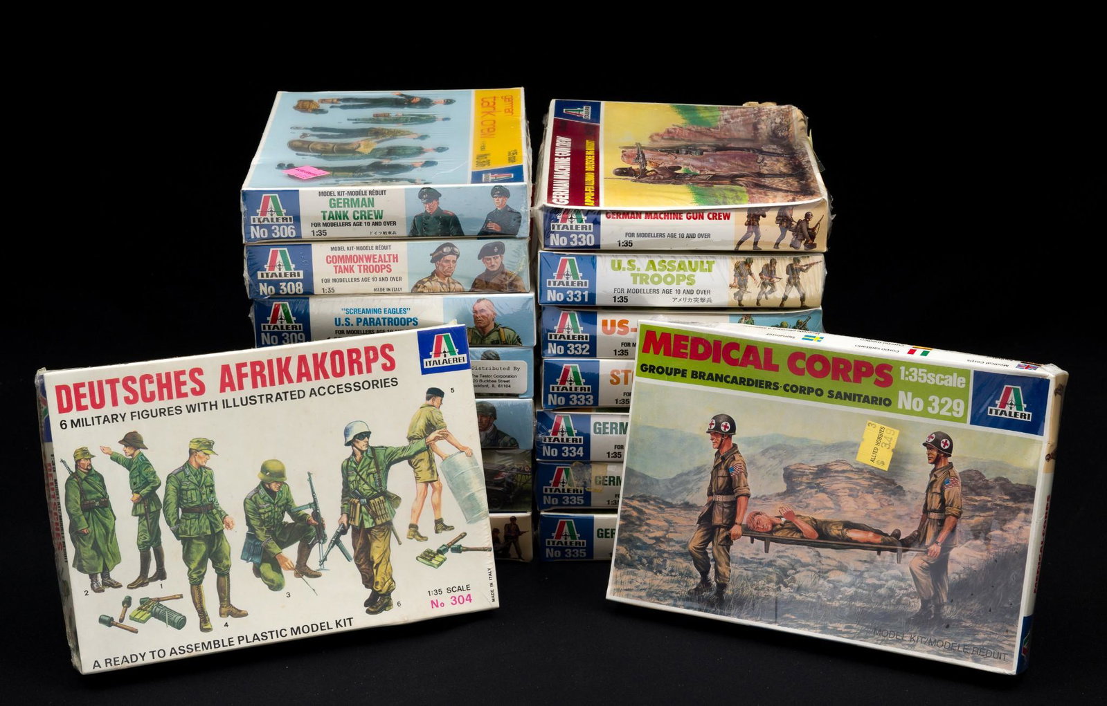 16 Italeri 1/35 Military Figures: Sixteen Italeri 1/35 military figures. Includes no. 304, 306, 308, 309, 310, 311, 326, 328, 329, 330, 331, 332, 333, 334, two 335. All factory sealed. Some boxes with denting. RM IMPORTANT: Before bid