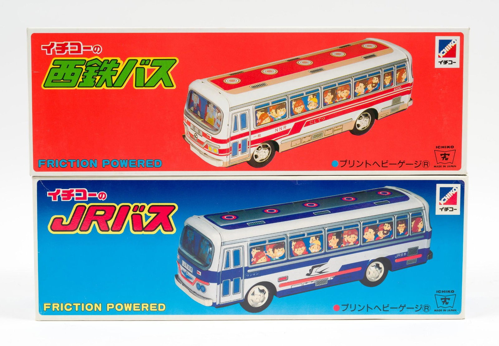 2 Ichiko Friction Powered Buses: Includes NRR and JRB. Made in Japan. In original boxes, boxes with minimal shelf wear. Item no. 1806 and 1807. Both 12" long. RM IMPORTANT: Before bidding, please read the terms and conditions. When y