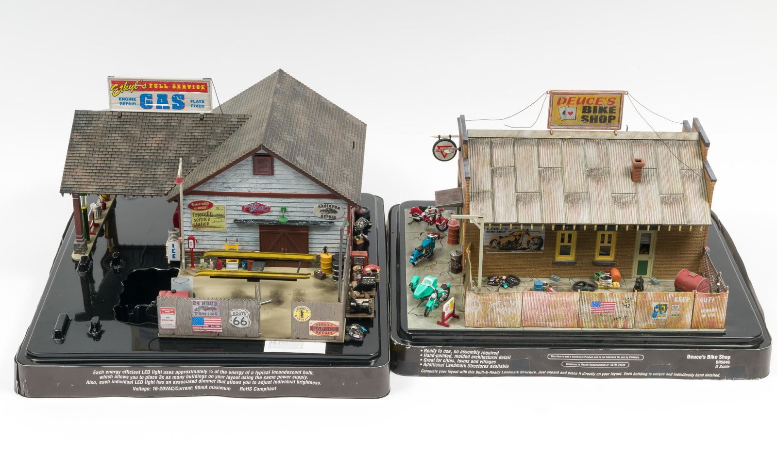 Woodland Scenics Landmark Structures Bike Shop & GAS Station: Deuce's Bike Shop BR5846. Ethyl's Gas Station BR5849. Both displayed, with original packages. Packages with wear from storage. MH. IMPORTANT: Before bidding, please read the terms and conditions. When