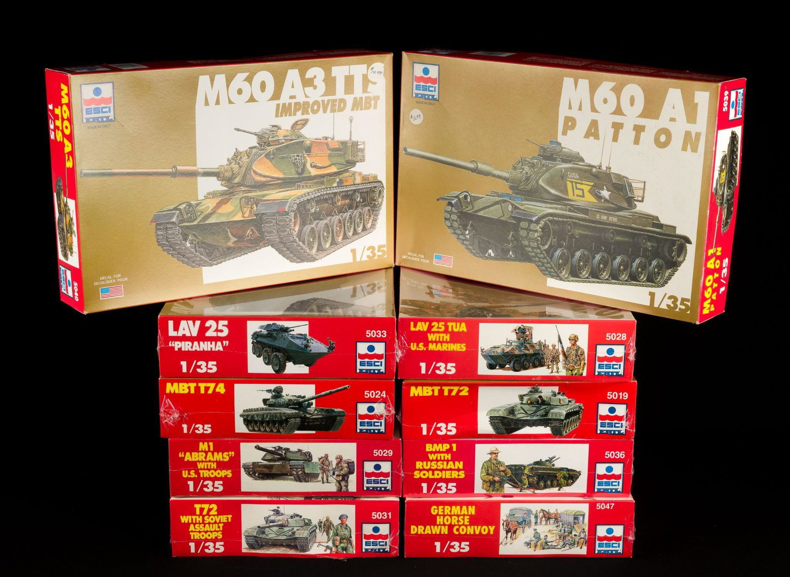 10 ESCI 1/35 Scale Military Models: 10 ESCI 1/35 scale military models. Includes 5033, 5024, 5029, 5031, 5040, 5039, 5028, 5019, 5036, and 5047. All but 5039 factory sealed; 5039 appears complete in original box. IMPORTANT: Before biddi