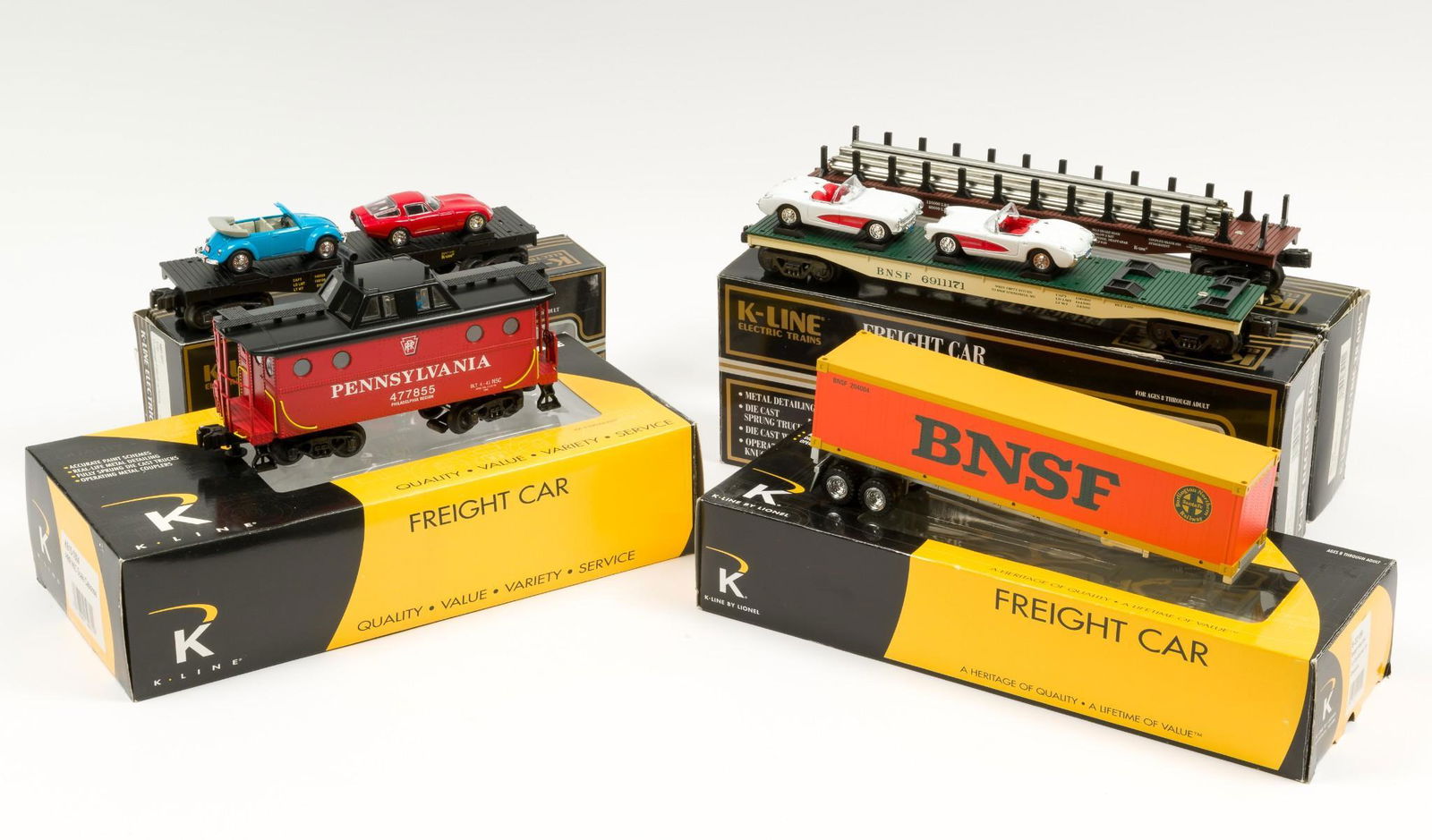 5 K-Line Freight Cars Incl PRR Caboose with OBs (1 of 6)