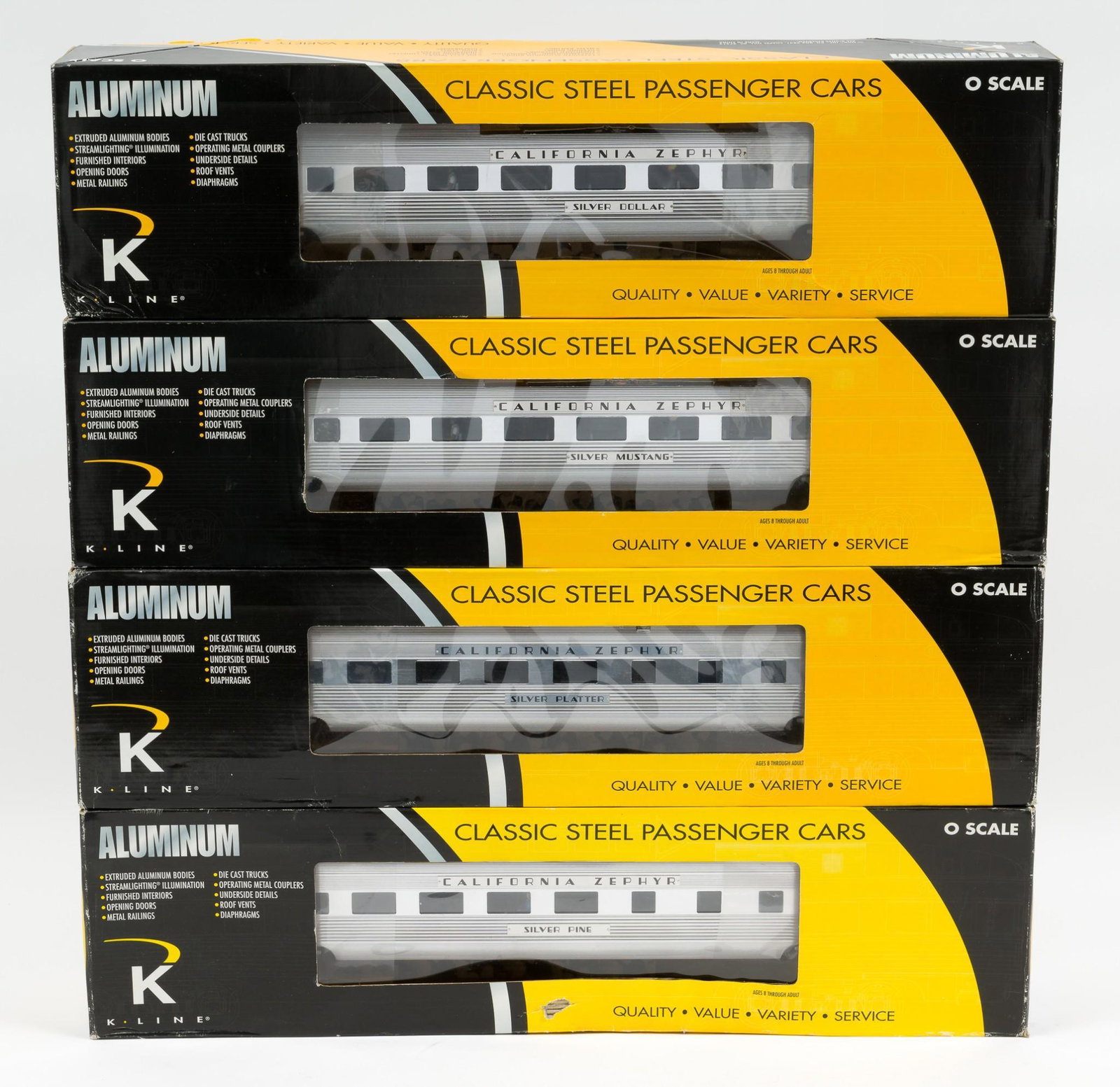 4 K-Line California Zephyr Passenger Cars in OBs: Includes 4613-40842 WP Diner "Silver Platter", 4613-41121 D&RGW "Silver Pine", 4613-40811 Western Pacific "Silver Dollar" and 4613-41107 D&RGW "Silver Mustang". Each unused in original box. Boxes with
