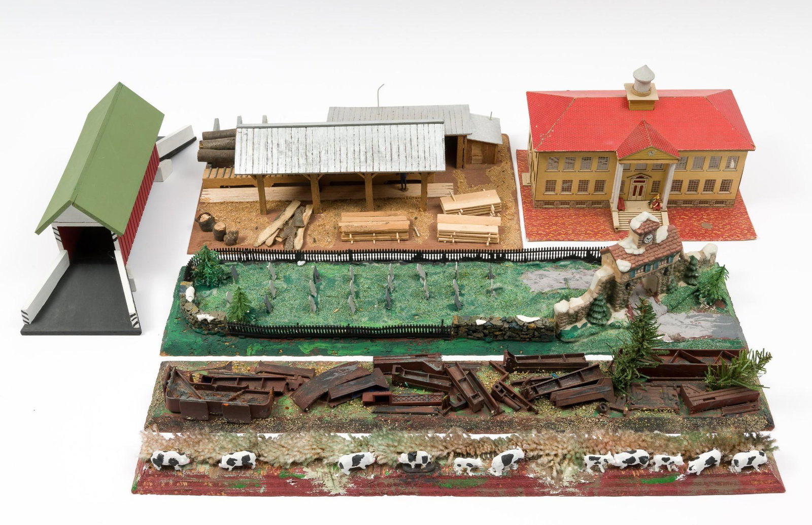 6 Custom Model Railroad Elements: Farmyard, a graveyard, a junkyard, a lumber mill, a covered bridge, and a vintage cardboard school. Each displayed with associated wear. IMPORTANT: Before bidding, please read the terms and conditions