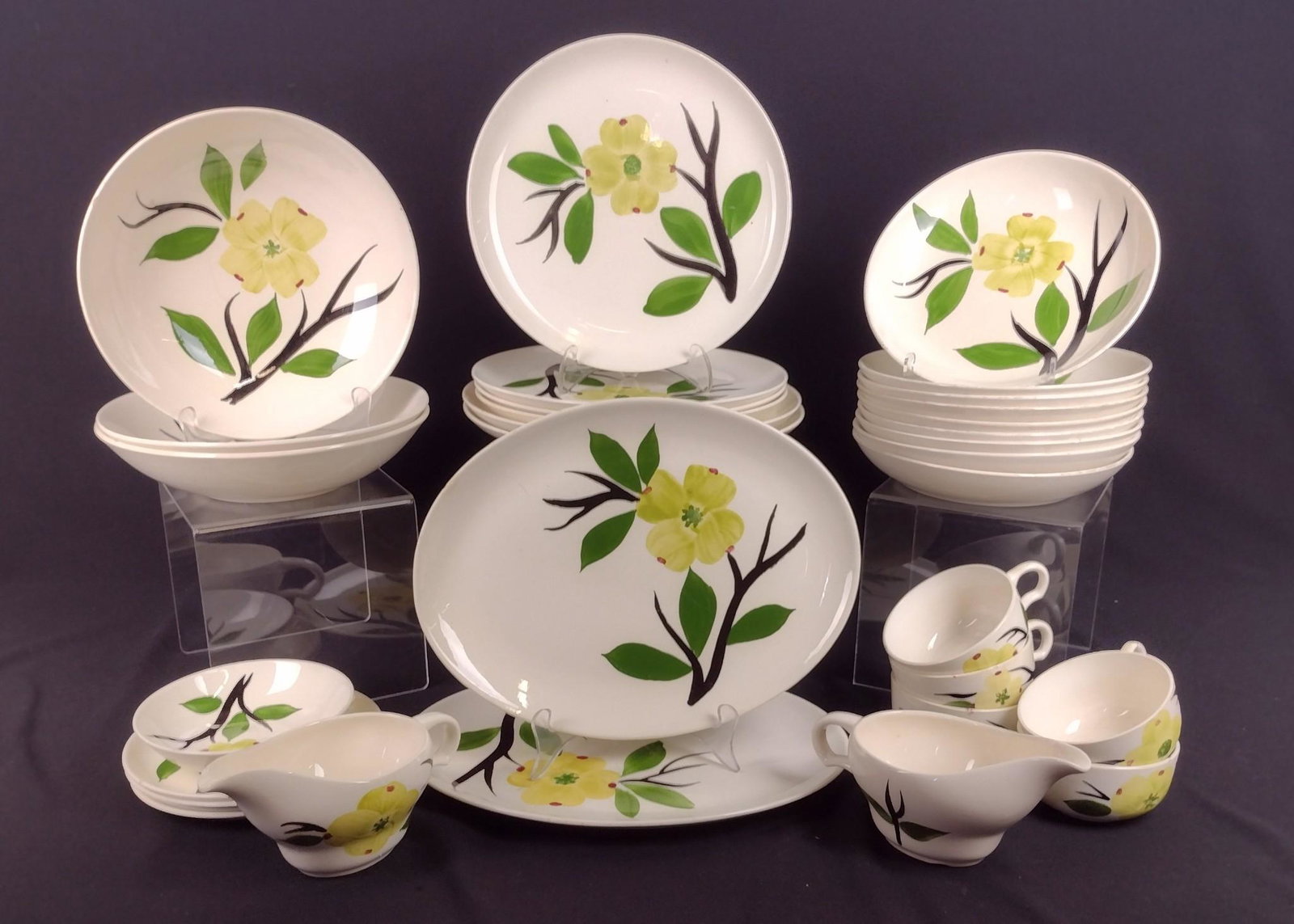 30 Pc. Dixie Dogwood Dinnerware: Dinner plates: 10" diameter. 5 with minor chips. MEG IMPORTANT: Before bidding, please read the terms and conditions. When you registered for the auction you agreed to these terms and will be required