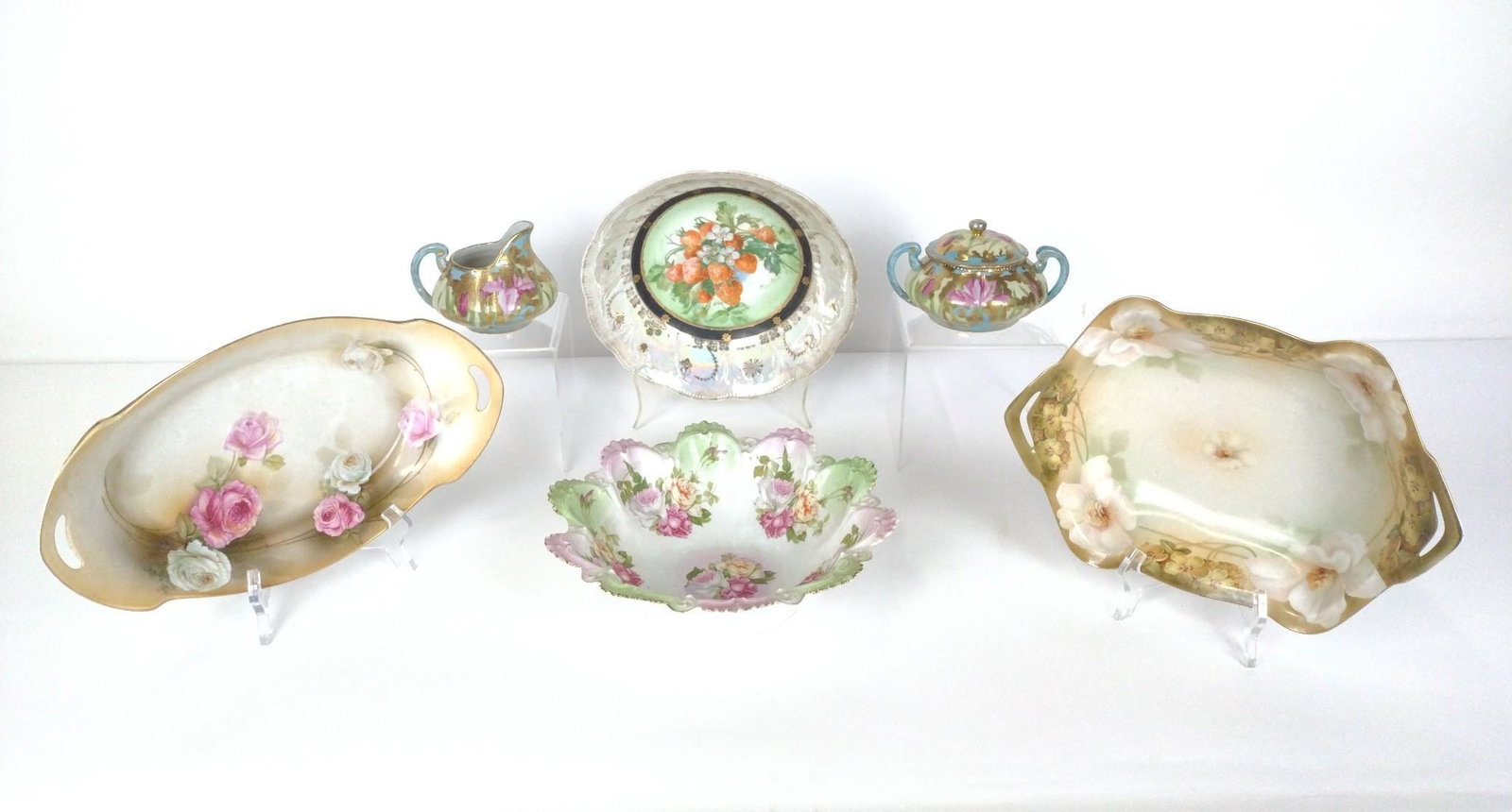 6 Pcs Decorated Porcelain Incl RS Prussia: Bowls 10" diameter. Sugar and creamer 3" diameter x 2-1/2" & 3-1/2" high. Platters 11-1/4" long x 7-1/4" wide and 13-1/4" long x 8" wide. RM IMPORTANT: Before bidding, please read the terms and condit