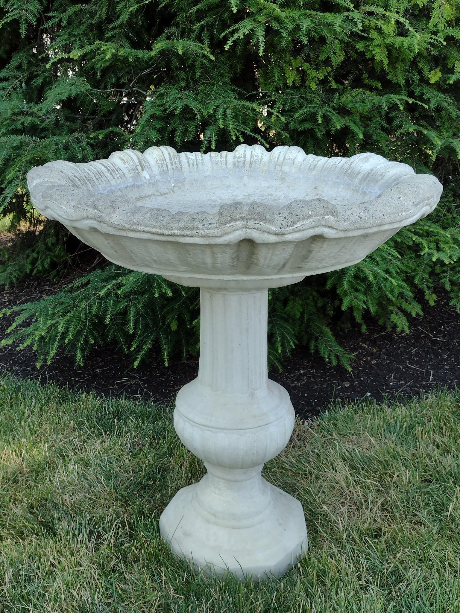Rohn Ornamental Concrete Bird Bath: 26-1/2" diameter X 29-1/2" high. Bethlehem, PA. MG. IMPORTANT: Before bidding, please read the terms and conditions. When you registered for the auction you agreed to these terms and will be required 