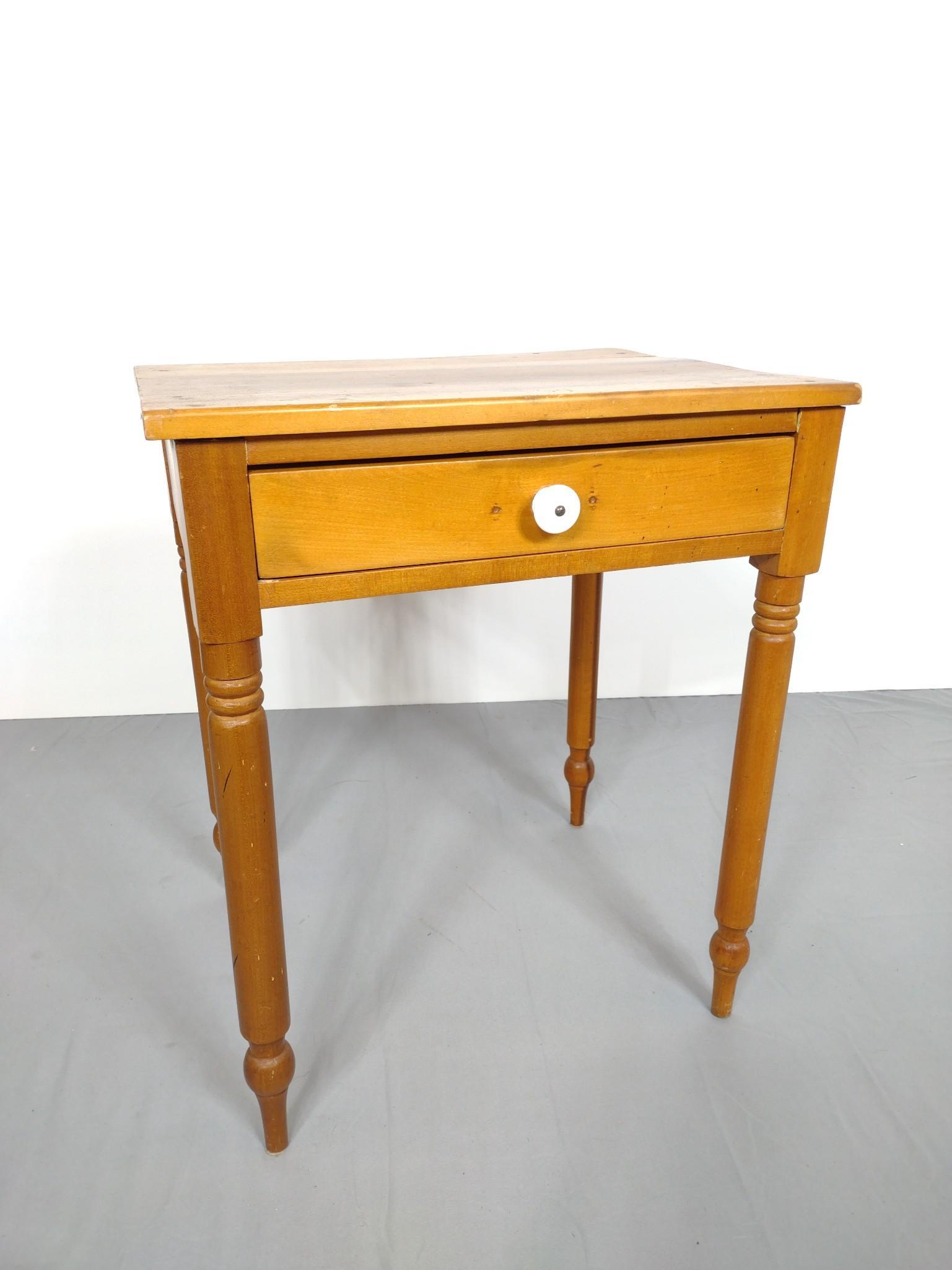 Single Drawer Work Table: 23" wide X 18-1/4" deep X 27" high. Has some scratches. MG. IMPORTANT: Before bidding, please read the terms and conditions. When you registered for the auction you agreed to these terms and will be r