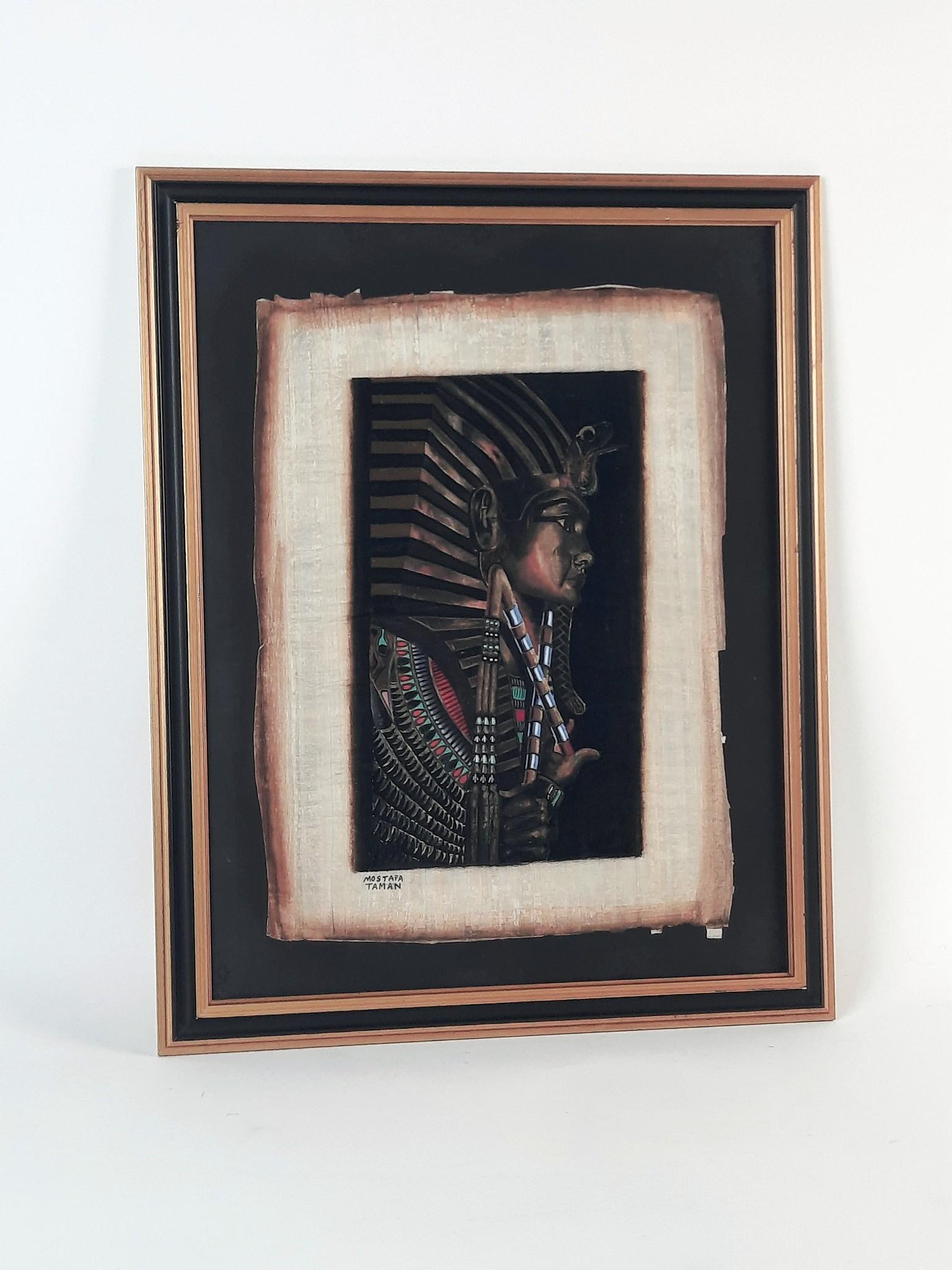 Mostafa Taman King Tut Print on Papyrus: Original painting in King Tut Museum in Egypt. Overall with frame 23-1/4" high x 18-1/4" wide. LR IMPORTANT: Before bidding, please read the terms and conditions. When you registered for the auction y