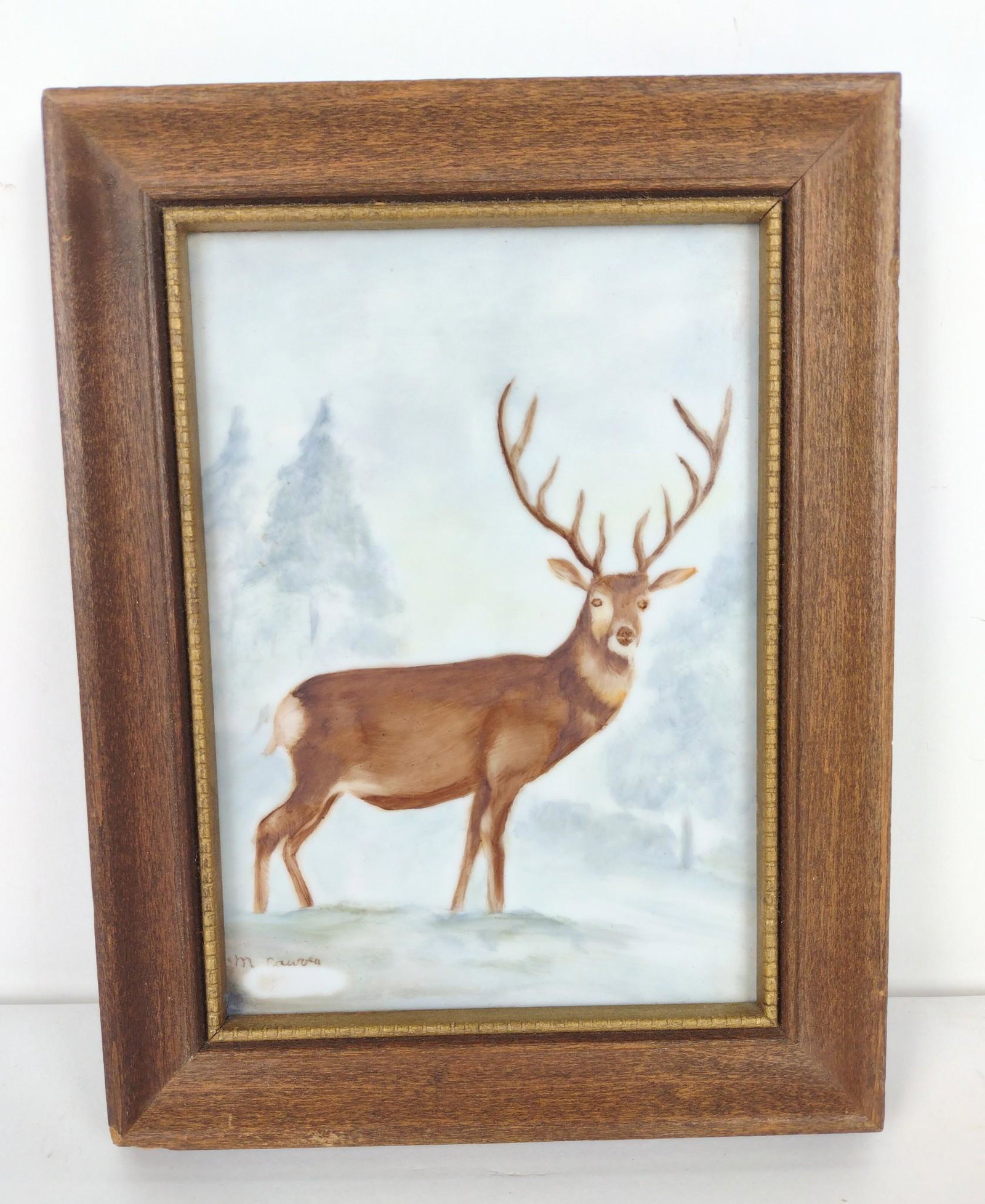 M. Lawrence Stag Porcelain Painted Plaque: Overall with frame 8&1/2" high x 6-1/2" wide. RM IMPORTANT: Before bidding, please read the terms and conditions. When you registered for the auction you agreed to these terms and will be required to 
