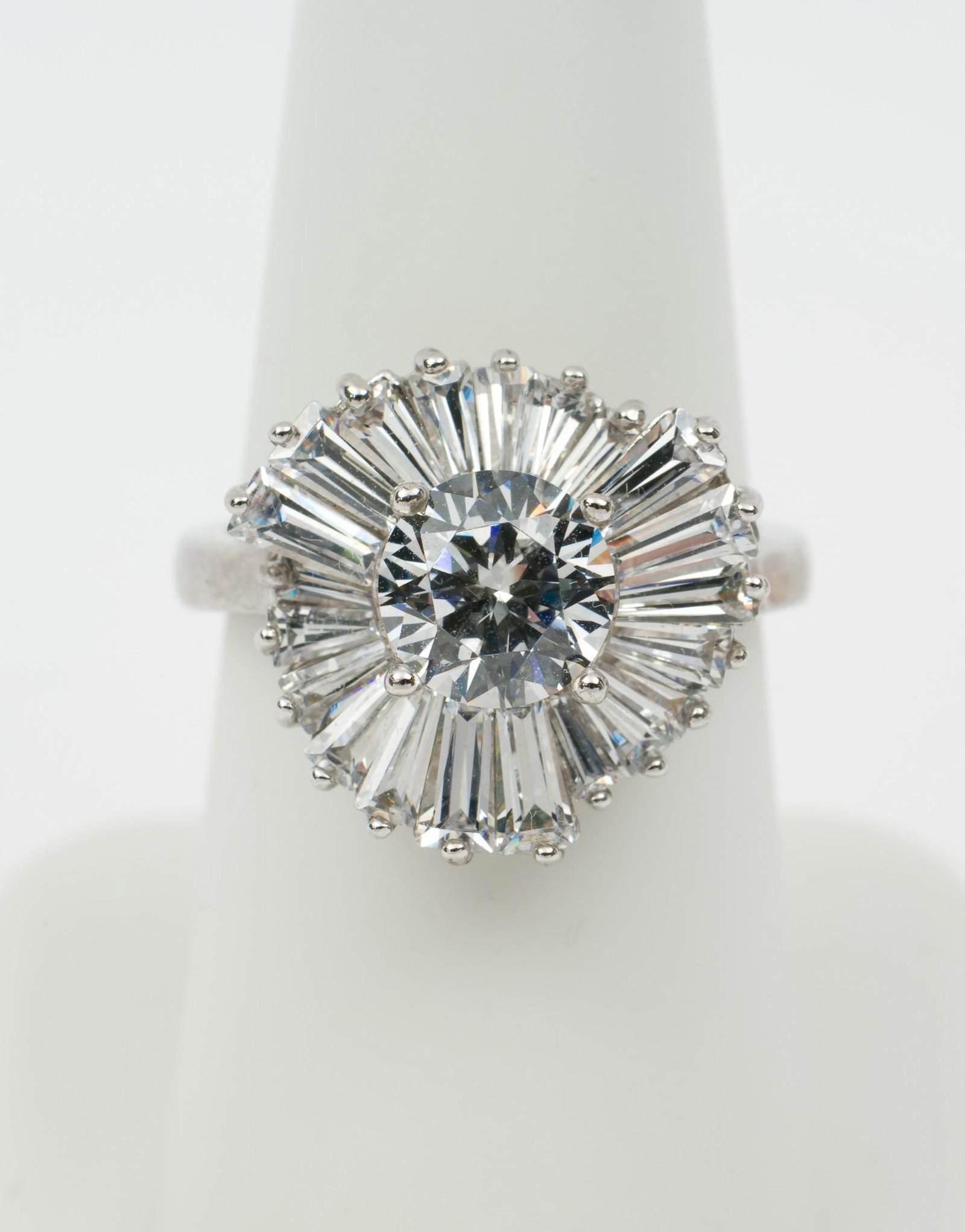 Stauer Sterling CZ Ballerina Ring: Stauer sterling ring, stamped 925. Center 2 carat round CZ with tapered baguette CZ halo. In original gift box. EK IMPORTANT: Before bidding, please read the terms and conditions. When you registered 
